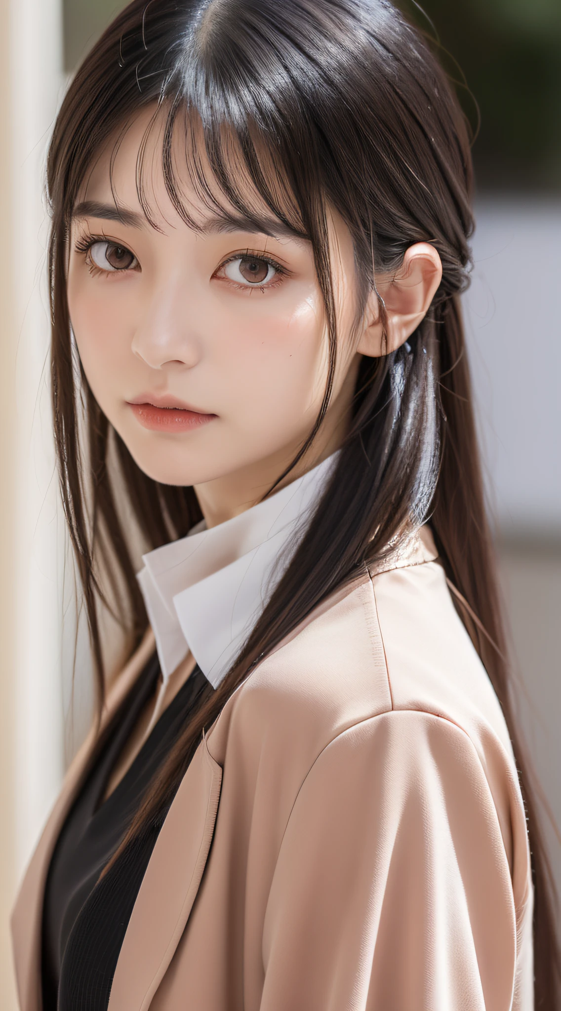 1 adult female, (up of face:1.5), Black hair, Blunt bangs, hair behind ear, hair over shoulder, Long hair, Ultra Fine Face, Thin face, Delicate lips, (beautidful eyes:1.5), thin blush, eyes are light brown,View here, (Hands hide), formal jackets, a choker ,Port Area ,One-person viewpoint, 8K, masutepiece, nffsw, Super Detail, High quality, Best Quality, hight resolution,