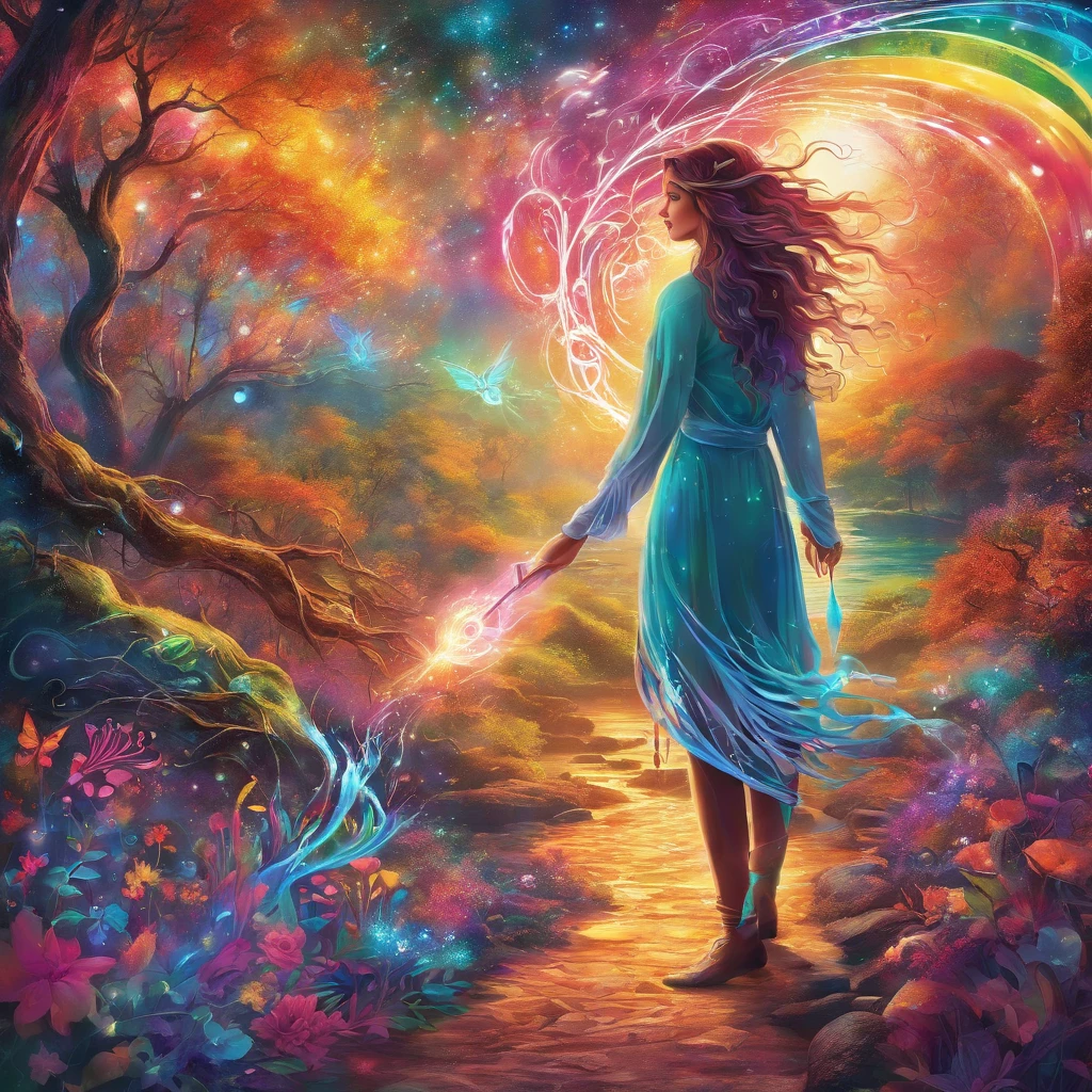 girl casting mystical glowing spells, fantasy rainbow forest, vibrant colors, ethereal lighting, detailed foliage, magical atmosphere, enchanting scenery, dreamlike ambiance, shimmering glow, flowing robes, wisps of magic, ethereal creatures, enchanted trees, sparkling streams, radiant energy, mystical symbols, surreal beauty, otherworldly landscape, swirling mist, enchantment in the air, spellbinding moment, mesmerizing spectacle, ethereal essence, magical incantation, mystical aura, bewitching charm, spellbound onlookers, transcendent experience, magical vortex, hidden secrets, whimsical creatures, vibrant enchantment, enchanted atmosphere, ethereal melodies, radiant beams of light, otherworldly colors, mesmerizing movements, joyous celebration in nature, enchanting nymphs, supernatural power, pulsating energy, captivating spells, fantastical realm, transcendental experience