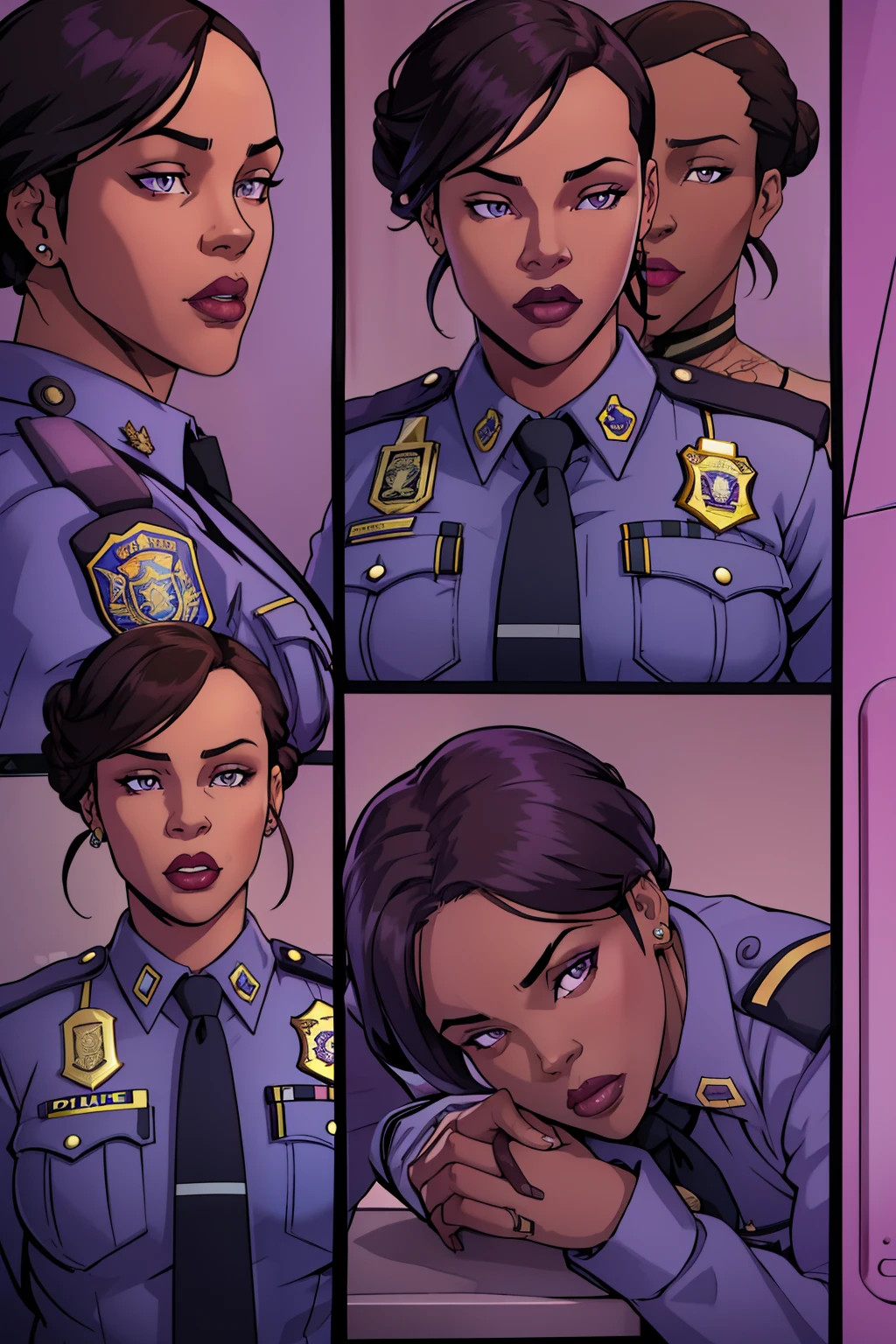 Best quality, solo mature woman, dark brown skin, chubby physique, low bun, lilac eyes, full lips, seductive, police uniform, police pants, police button up, face like Rihanna