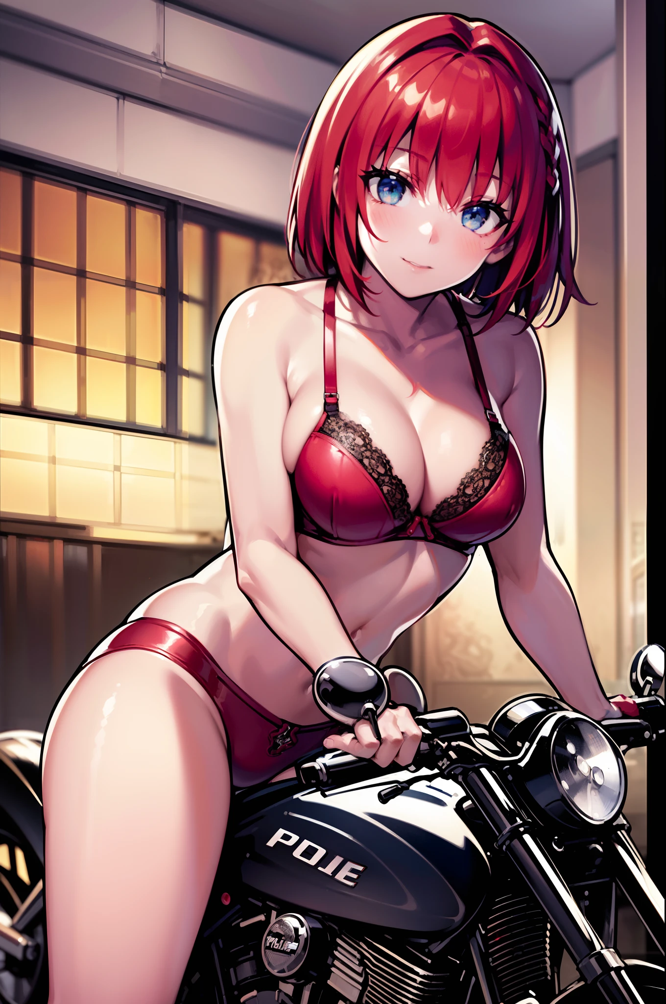 (((red bra))), ((police officers)), ((Straddling a motorcycle)), hair adornments, Red hair, bobhair, The highest image quality, hightquality, high detailing, 超A high resolution, 8K, depth of fields, Cinematography, intricate detailes, Elaborate, meticulous, Magnificent, Maximum Detail, Extreme beauty