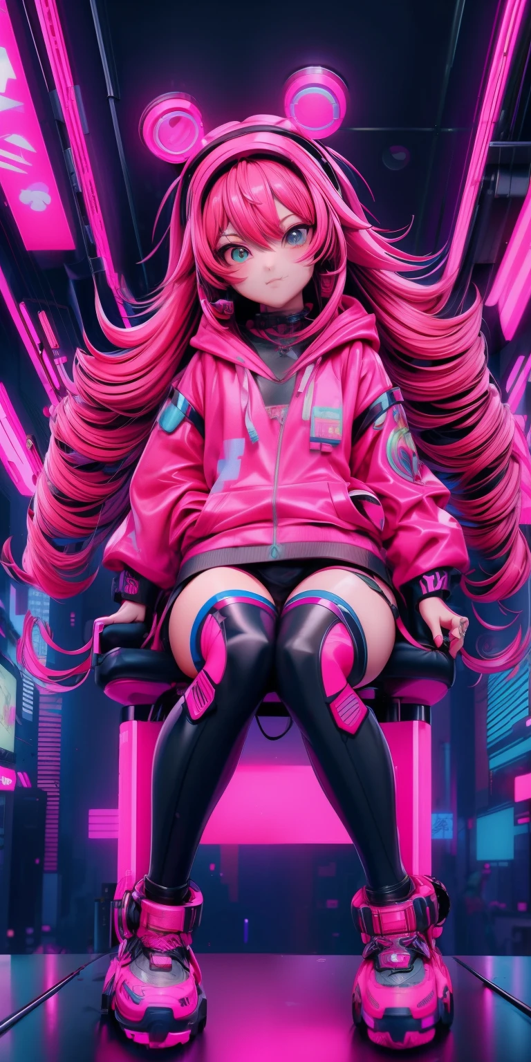 anime girl with pink hair sitting on a chair in a neon city, long curly hair, cyberpunk anime girl in hoodie, cyberpunk anime girl, anime style 4 k, anime cyberpunk art, best anime 4k konachan wallpaper, digital cyberpunk anime art, female cyberpunk anime girl, digital cyberpunk - anime art, cyberpunk anime art, anime cyberpunk, cyberpunk streetwear, cyberpunk art style