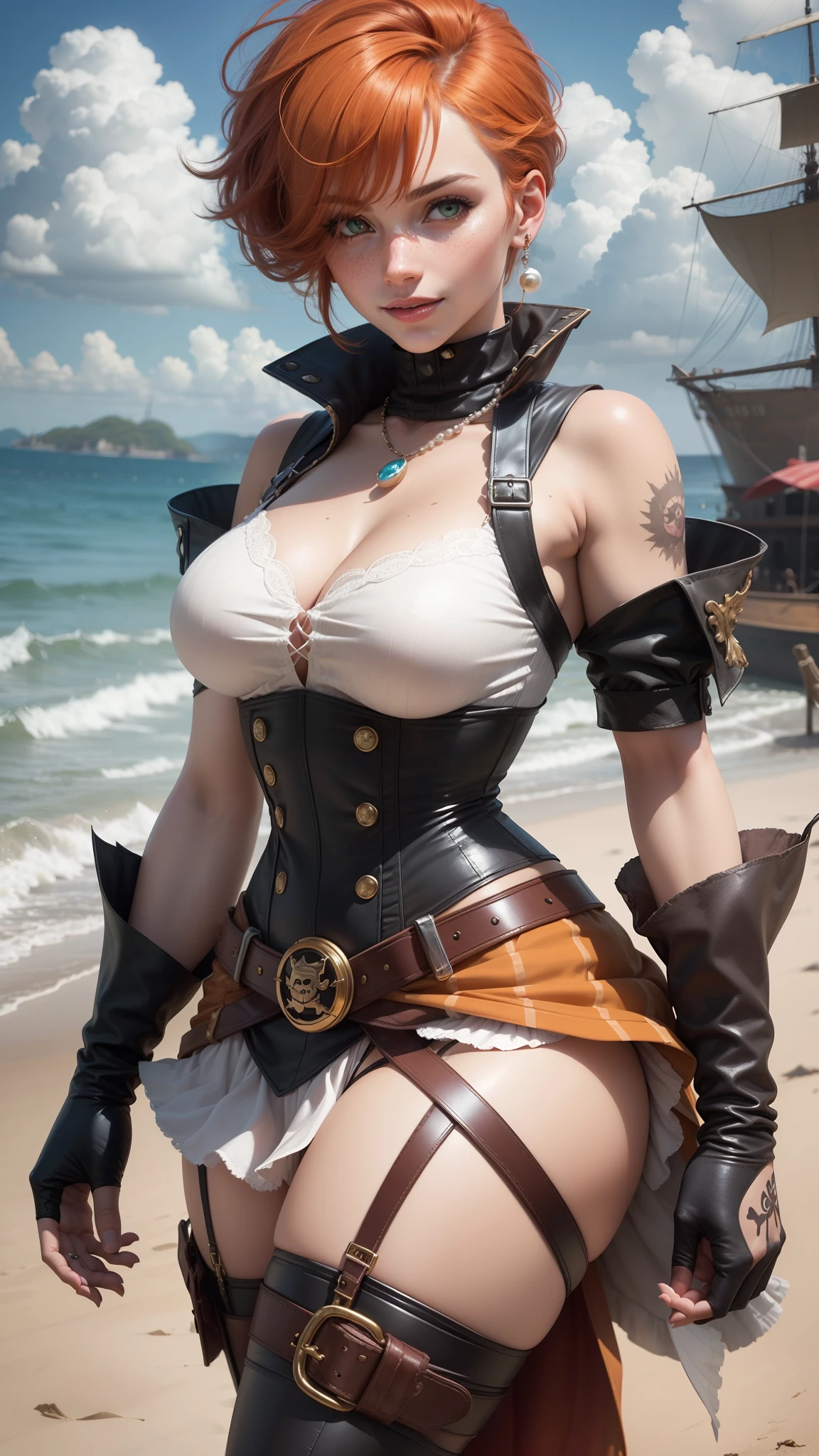 gwen tennyson,tracer,yorha 2b,nami, rebecca chambers,reisalin stout,pirate outfit,beach,ager,green eyes,thigh high boots,garter belt,striped panties, short hair,orange hair,pirate ship,shy smile,ginger,white striped top,tight skirt, freckles,redhead,pirate corset,pirate jacket,beautiful girl,large breasts,ultra detailed,realistic,pearl earrings,treasure,