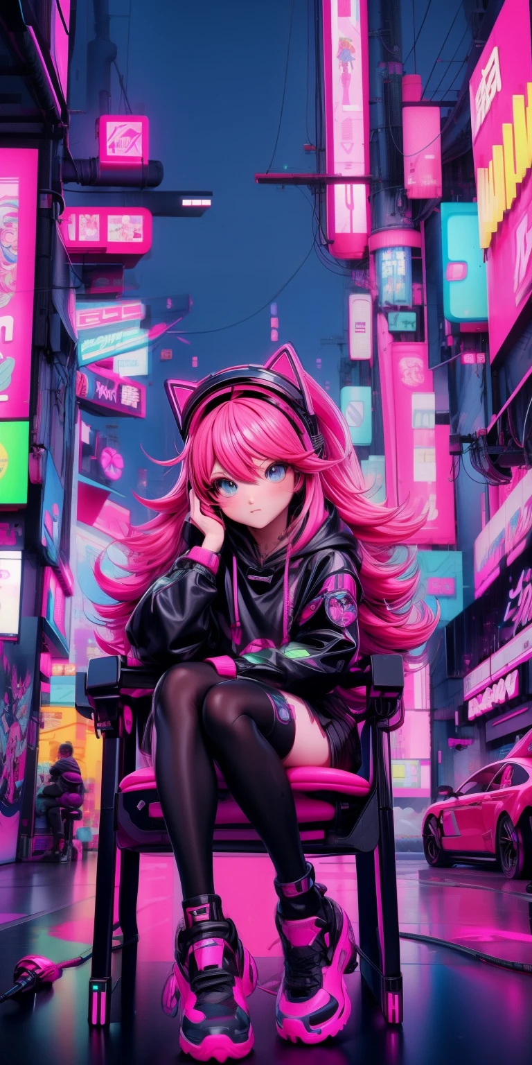 anime girl with pink hair sitting on a chair in a neon city, long curly hair, cyberpunk anime girl in hoodie, cyberpunk anime girl, anime style 4 k, anime cyberpunk art, best anime 4k konachan wallpaper, digital cyberpunk anime art, female cyberpunk anime girl, digital cyberpunk - anime art, cyberpunk anime art, anime cyberpunk, cyberpunk streetwear, cyberpunk art style