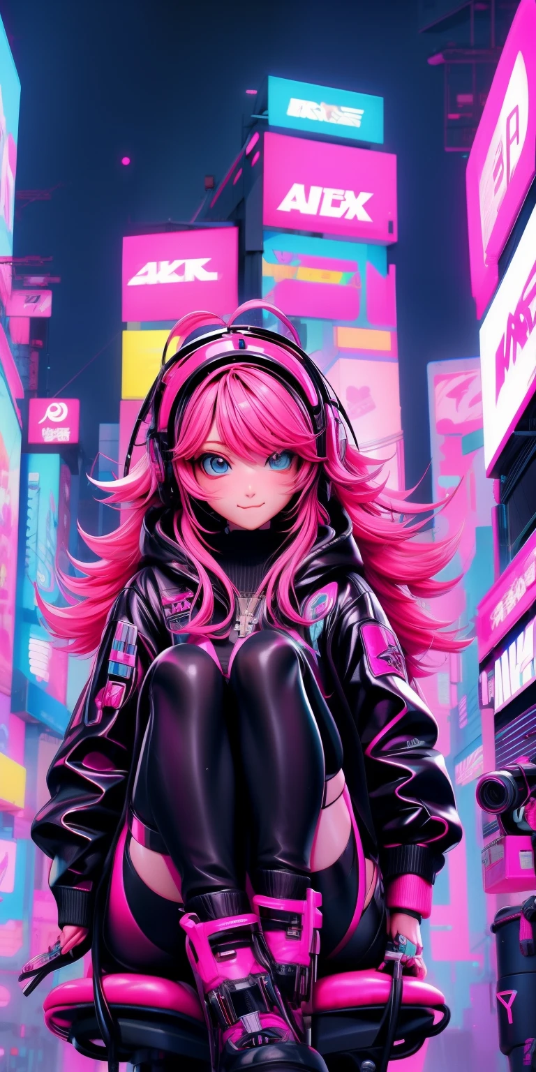 anime girl with pink hair sitting on a chair in a neon city, long curly hair, cyberpunk anime girl in hoodie, cyberpunk anime girl, anime style 4 k, anime cyberpunk art, best anime 4k konachan wallpaper, digital cyberpunk anime art, female cyberpunk anime girl, digital cyberpunk - anime art, cyberpunk anime art, anime cyberpunk, cyberpunk streetwear, cyberpunk art style