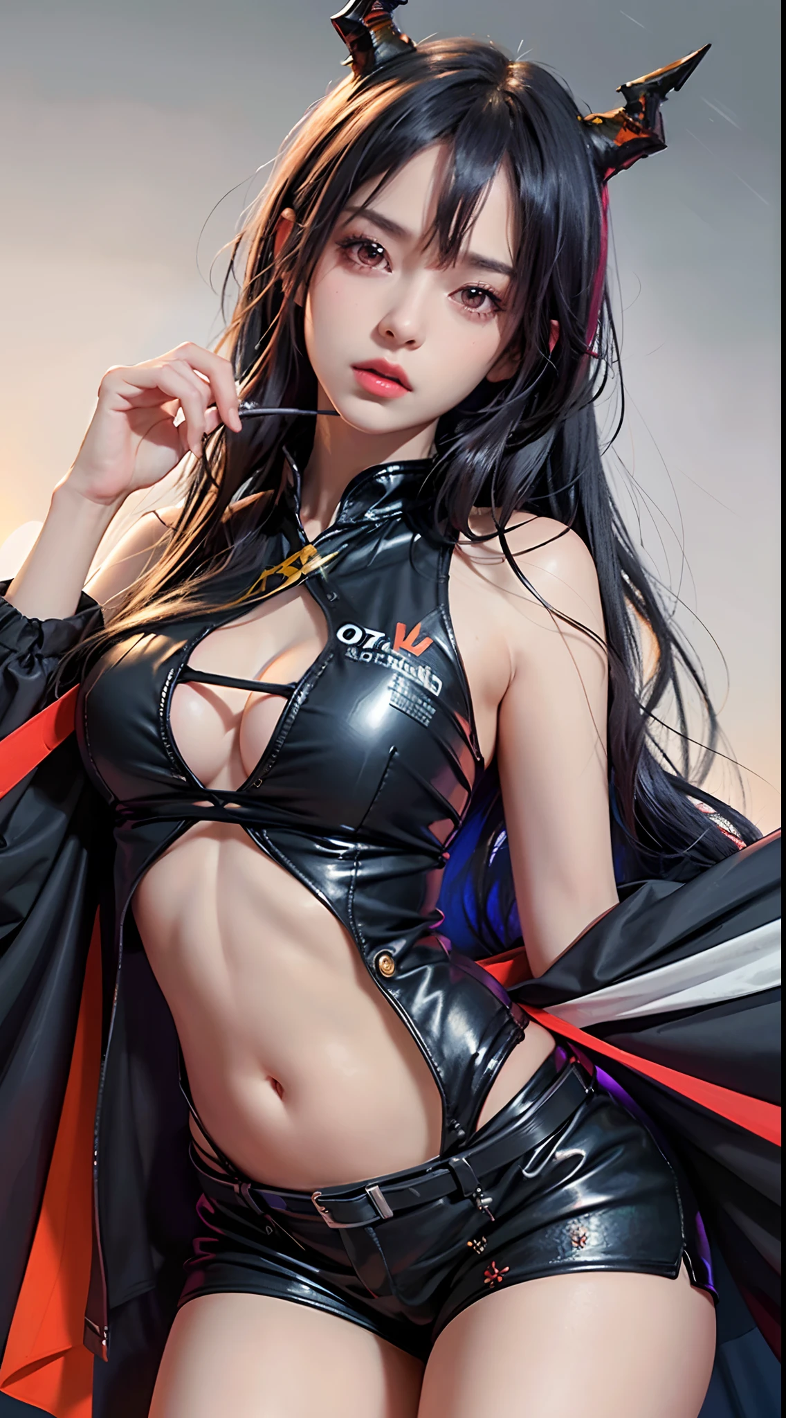 photorealistic, high resolution, soft lights, 1women, solo, hips up, look at viewer, (detailed face), red eyes, long hair, detailed eyes, (origen:1.4), ch'en \(arknights\), black shorts, red eyes, solo, (fashi-girl:1.0), realistic, makeup, office