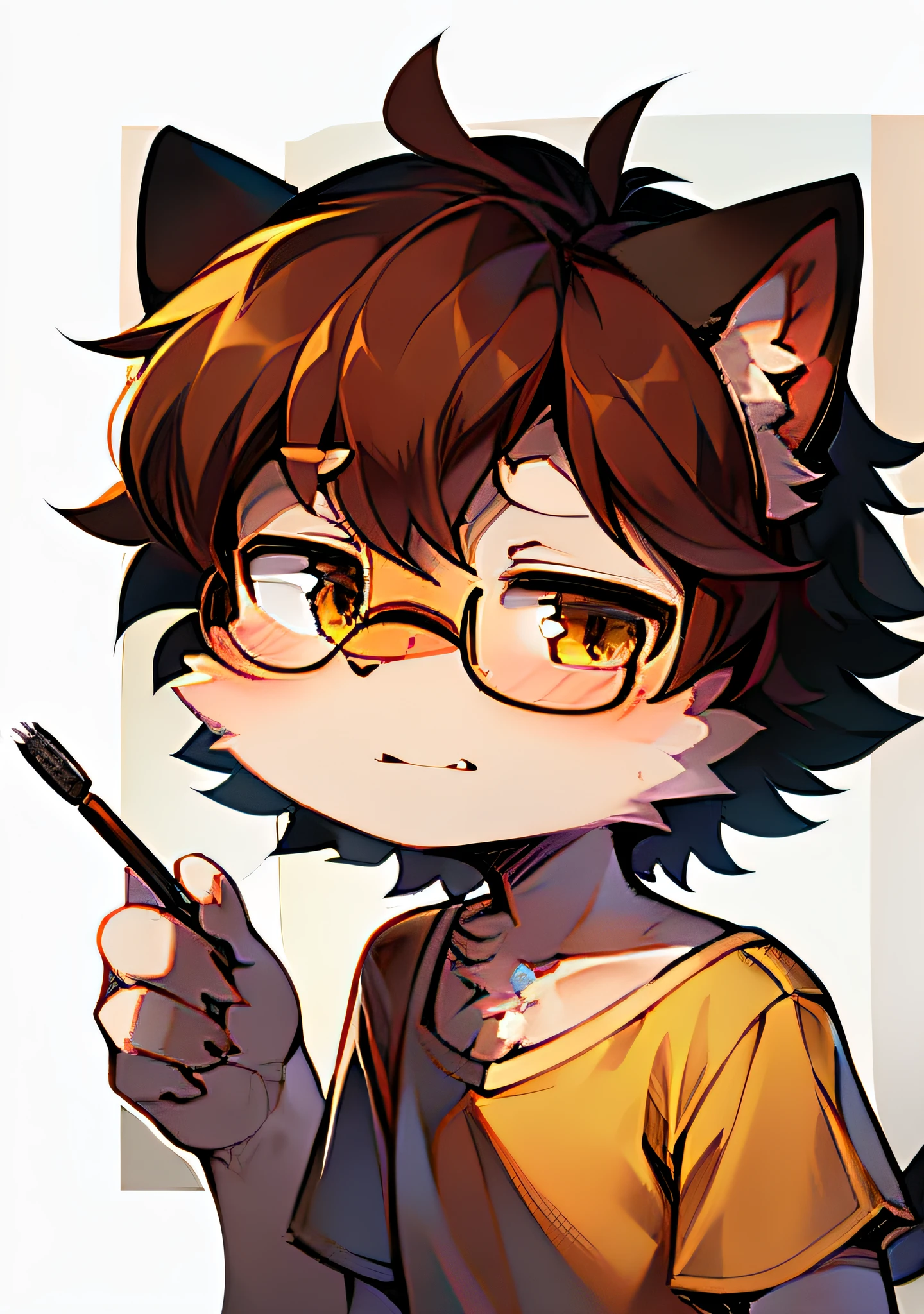 tmasterpiece, High-quality portraits, realisticlying, shaggy, Coffee-colored fur, (Kittens), (sbeard), Solitary child boy, short blouse, Hold a brush, posing on a, (laughingly), (full-shot), (Felino), (Kekitop),Truncated black-framed glasses,werecreature