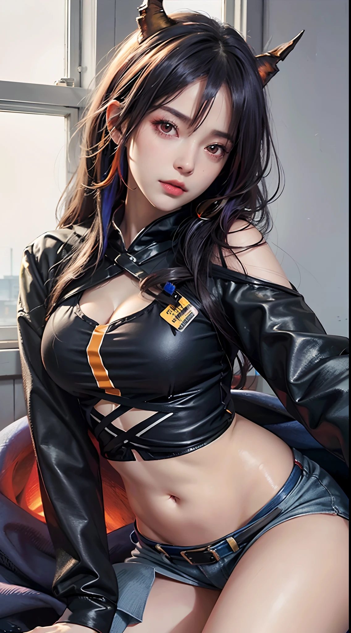 photorealistic, high resolution, soft lights, 1women, solo, hips up, look at viewer, (detailed face), red eyes, long hair, detailed eyes, (origen:1.4), ch'en \(arknights\), black shorts, red eyes, solo, (fashi-girl:1.0), realistic, makeup, office