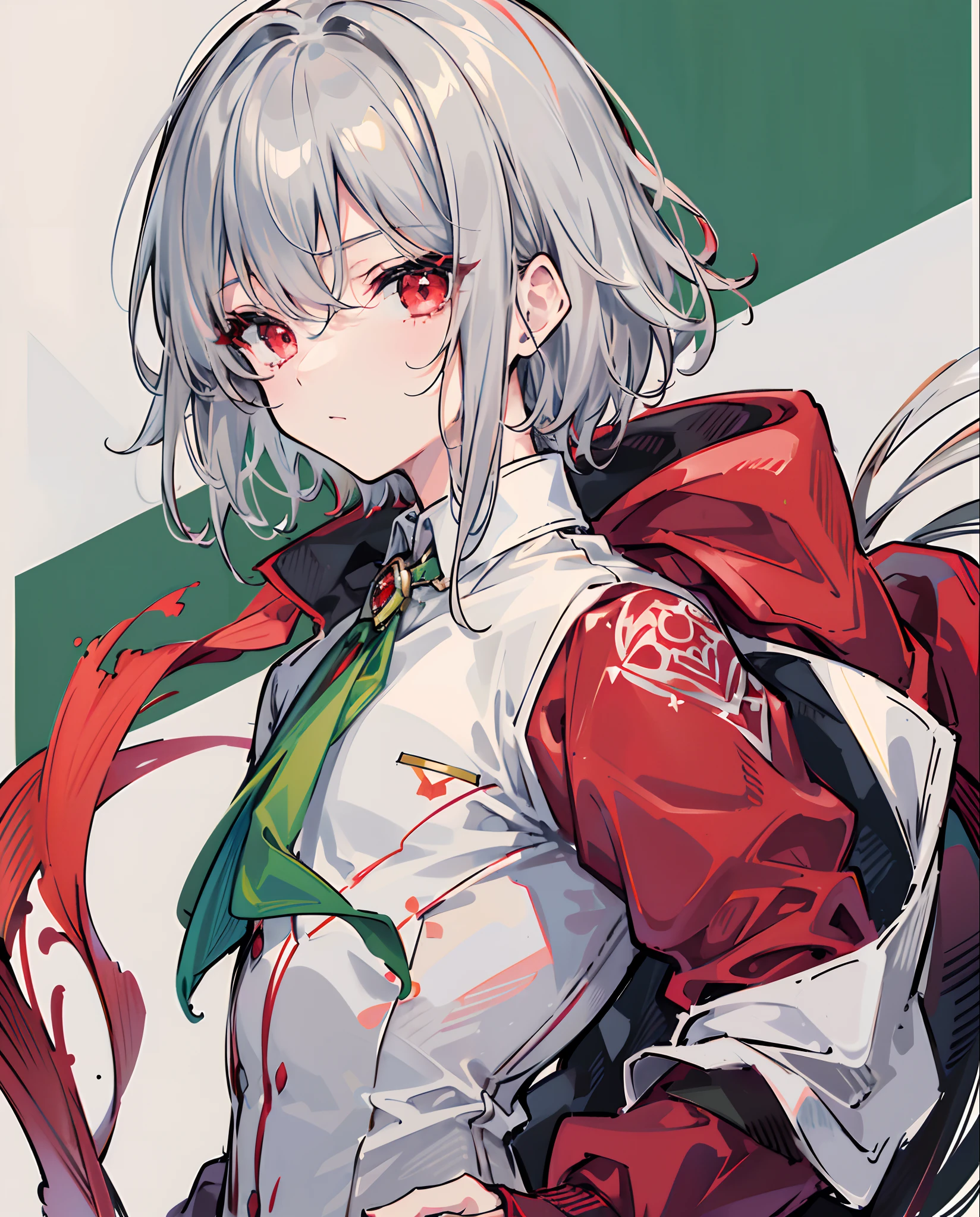 ((1 boy)), Solo, ((Hi-Res)), ((masuter piece)), ((Best Quality)), (Very detailed)), Large file size, fulcolor, ((short silver hair)), (Red Eye), ((Red and green formal suit, 1:1)), Chiseled abs, Powerful biceps