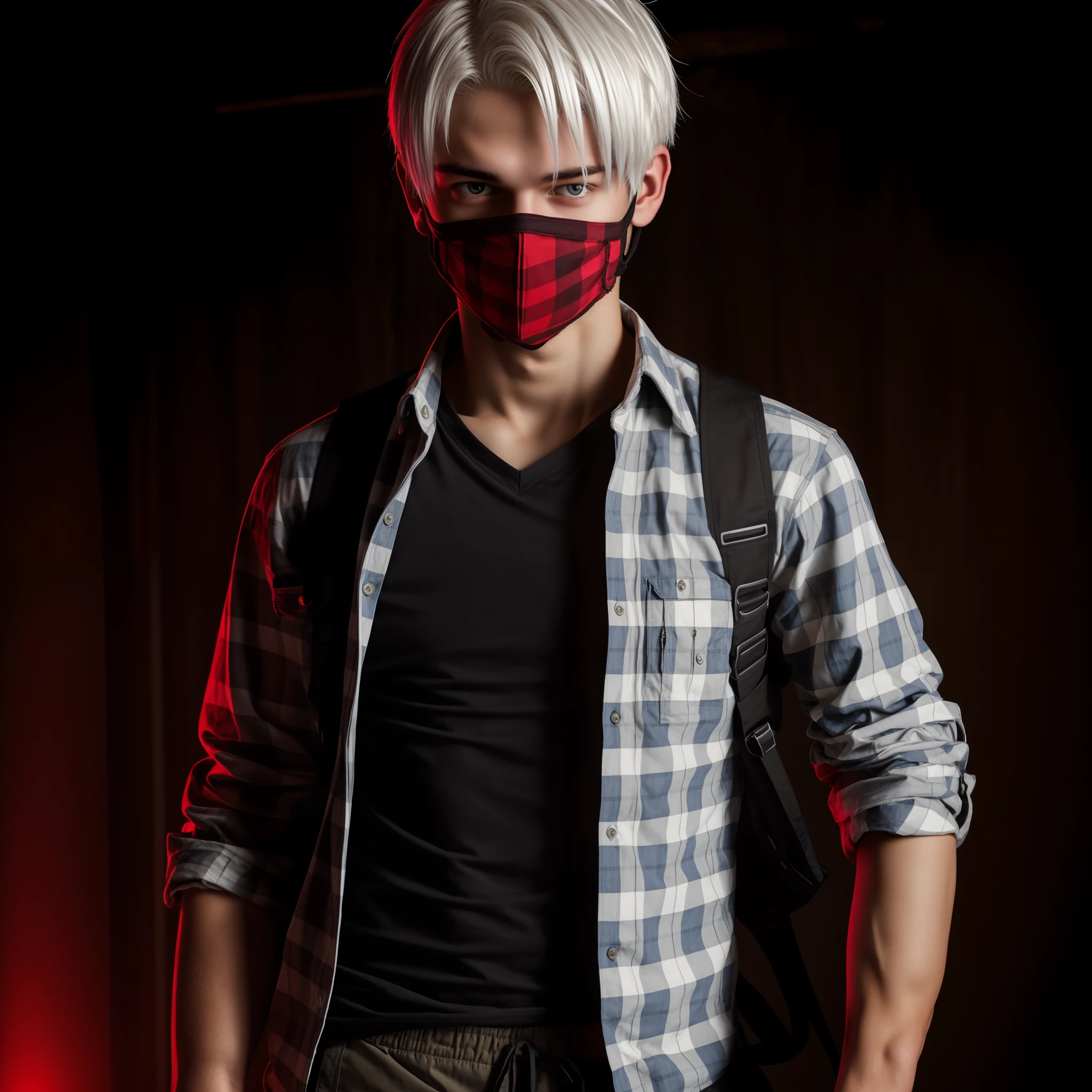 male posing, cargo pants, skinny body, atmospheric, cute face, white hair, mask, dead inside, plaid shirt, red lighting