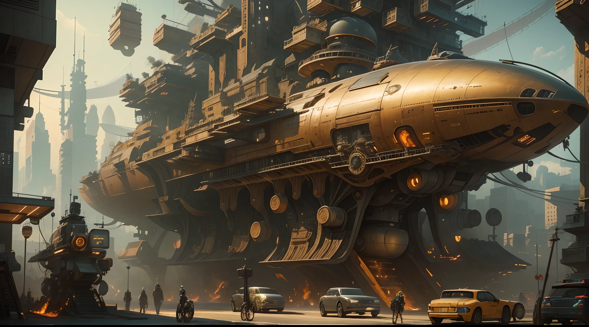 (((best qualtiy))),(((ultra - detailed))),((tmasterpiece))),illustratio,A mechanical city full of golden buildings,Flying cars and airships weave through the streets,Robots and boats carry smoke in the sky。A complete photograph of the most beautiful artwork in the world,Including sci-fi cities and airships,flying cars,Smoggy sky,Complicated details,A high resolution,Social media trends,Instagram value,A futuristic,industry,Machinary,A futuristic,cyber punk perssonage,Artstation trends,CGSociety trends,sci-fy,adventuring,mistic,exhilarated,DeviantArt trends。