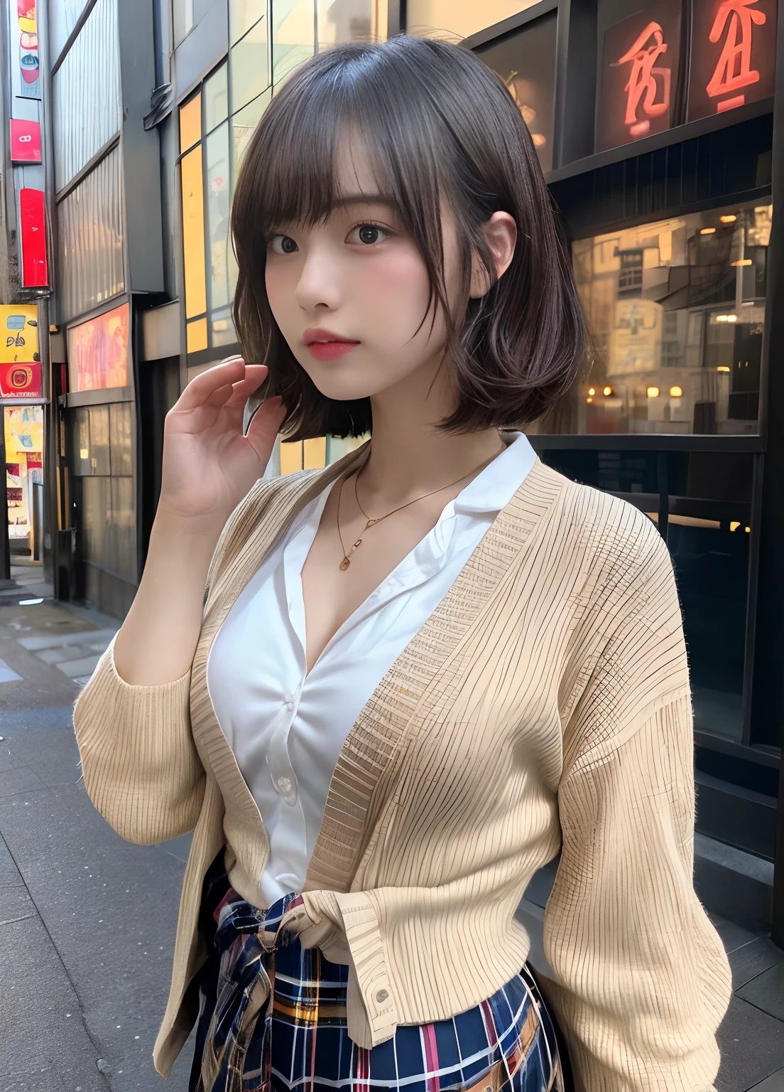 (delicate illustration:1.3),(masterpiece:1.0), (best quality:1.4), (ultra highres:1.2), (photorealistic:1.5), (cinematic),high contrast, bokeh, (hdr:1.4), dramatic lighting, sidelighting, (8k, RAW photo:1.2), (sharp focus:1.3), (((full body))),(film gain:0.9), (vhsbvideo:0.8), (analog film photography:0.8), lomography, HOLGA, HOLGA DIGITAL, BANZART ZIEGEL, Lomo LC-A 120, EKTACHROME E100,view from side,
break,
(23yo:1.4),(((1girl dancing, (school uniform:1.2)))),(gyaru wearing detailed white dress shirt and plaid-pattern pleated-skirt:1.3),(beige cardigan (tied around waist:1.2):1.3),((brown contacts, sweaty colored skin)),huge breast, ((cleavage, unbottoned):1.2),open mouth, bangs:1.5,airly wavy short bob cut, messy hair,woman, ((necklace, colorful bracelet, X hair ornament):1.2),
break,
((background is shibuya street in tokyo, twilight)),round face, (baby face),no-makeup,beautiful detailed eyes, tareme, (small eyes),thin_eyebrows,(face focus), slim, slender waist, thin leg, converse sneakers,  (japanese famous actress),(cute), (beautiful),eye bags,
