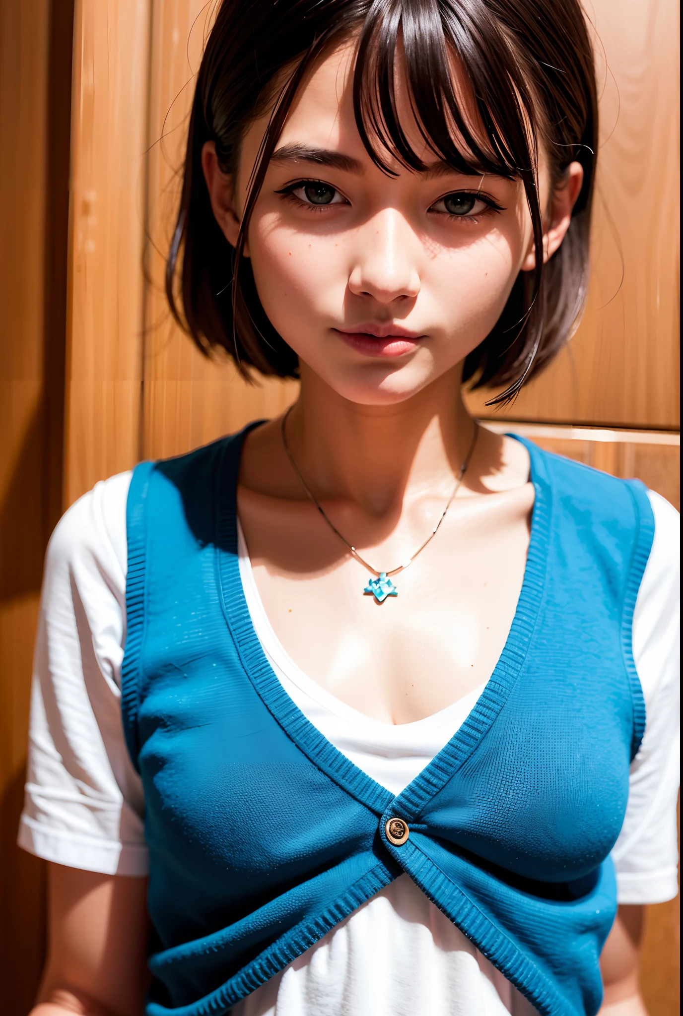 (((medium hair))), best quality, 8K, HDR, highres, absurdres:1.2, blurry background, bokeh:1.2, Photography, (RAW photo:1.2), (photorealistic:1.4), (masterpiece:1.3), (intricate details:1.2), 1girl, solo, japanese girl, delicate, beautiful detailed, (detailed eyes), (detailed facial features), petite, (((small breasts))), skin tight, (looking_at_viewer), from_front, (skinny), (best quality:1.4), (ultra highres:1.2), cinema light, (extreme detailed illustration), (lipgloss, best quality, ultra highres, depth of field, caustics, Broad lighting, natural shading, 85mm, f/1.4, ISO 200, 1/160s:0.75),1girl, solo, (((blue vest))) smile, school uniform, necklace,
