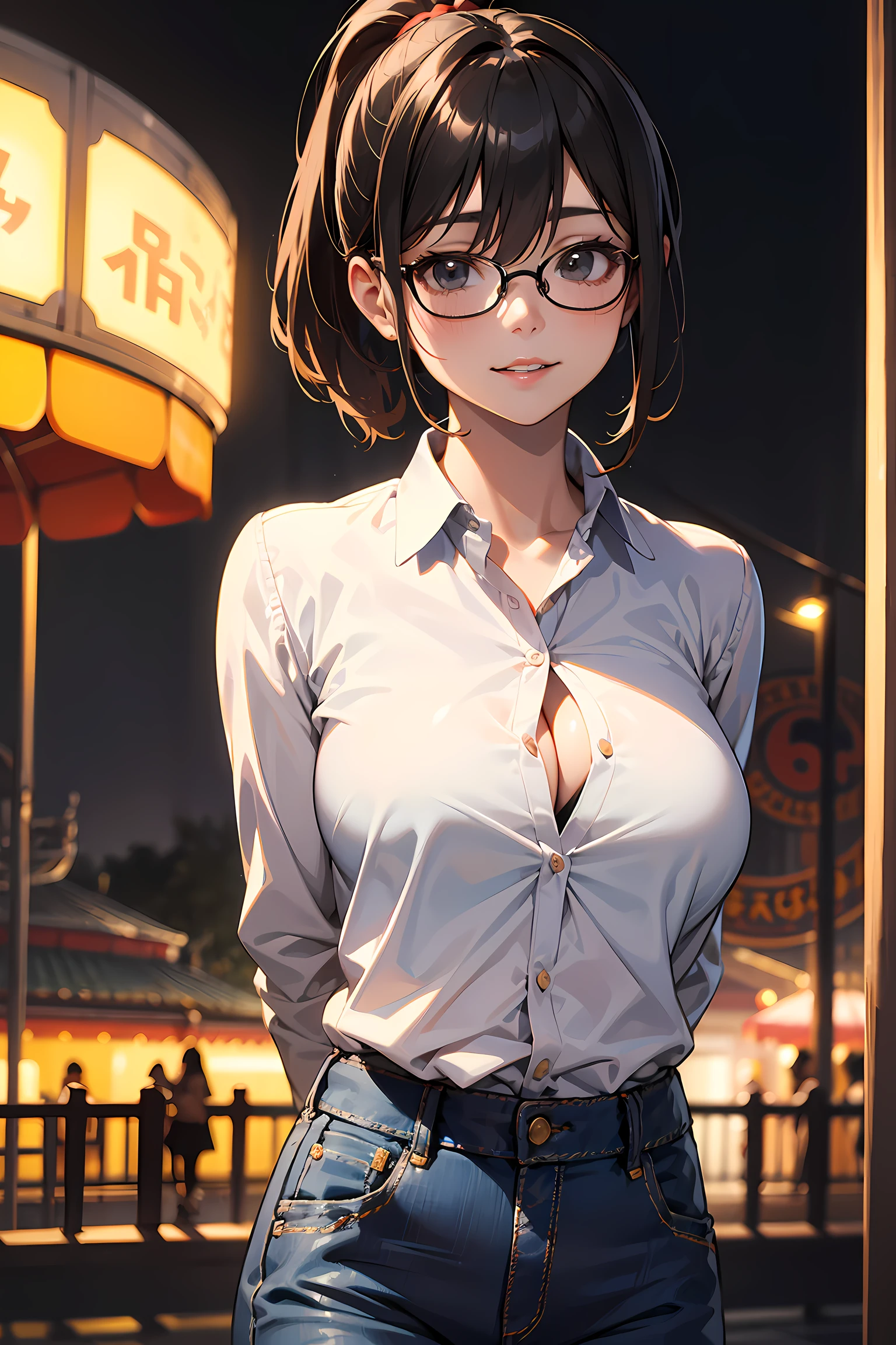 high resolution, Photo of a beautiful woman detailed_face, young handsome girl,realistic:0.5, perfect skin, (wearing a glasses:1.5), (ultra-detailed background, detailed background), bokeh, make happy expressions, happy emotion, gorgeous,pure, beautyfull detailed face and eyes,breasts, (black eyes:1.1), (a extremely pretty and beautiful Japanese woman), (sexy girl), (professional attire:1.3), (22 years old: 1.1), BREAK, (lovely outfit:1.2), (detailed blue collared shirt:1.2), (skinny denim pants:1.2), (leather boots))), cleavage, beautiful detailed skin, (cute:1.2), (black hair), ((jpop idol)), (upper thigh:0.6), (depth of field),soft light, Lens Glow looking at viewer, (Drooping eyes:1.2), straight teeth,smile, floating hair, (black hair:1.2), brown eyes BREAK movie scene, cinematic, full colors, 4k, 8k, 16k, RAW photo, masterpiece, professionally color graded, professional photography, high school girl, hair up, , soft clean focus, realistic lighting and shading, (an extremely delicate and beautiful art)1.3, elegant,active angle,dynamism pose BREAK (ponytail:1.3), (shiny-black thin hair:1.2), bangs, dark brown eyes, beautiful eyes, princess eyes, (big eyes:1.3), bangs, wearing a glasses:1.3, Hair between eyes, short hair:1.3, (slender:1.1), (medium-breasts:0.95), (thin waist: 1.15), (detailed beautiful girl: 1.4), Parted lips, Red lips, full-make-up face, (shiny skin), ((Perfect Female Body)), (upper body image:1.3), Perfect Anatomy, Perfect Proportions, (most beautiful Korean actress face:1.3, extremely cute and beautiful Japanese actress face:1.3), ,(1glasses girl:1.3, solo), ,(blush:1.1), gray background, solo focus, (bust shot:1.2), cinematic light, (nostalgic night scene:1.4), (amusement park:1.4), (merry-go-round、the Ferris wheel、rollercoaster), (arms behind back :1.4), (looking at viewer:1.2