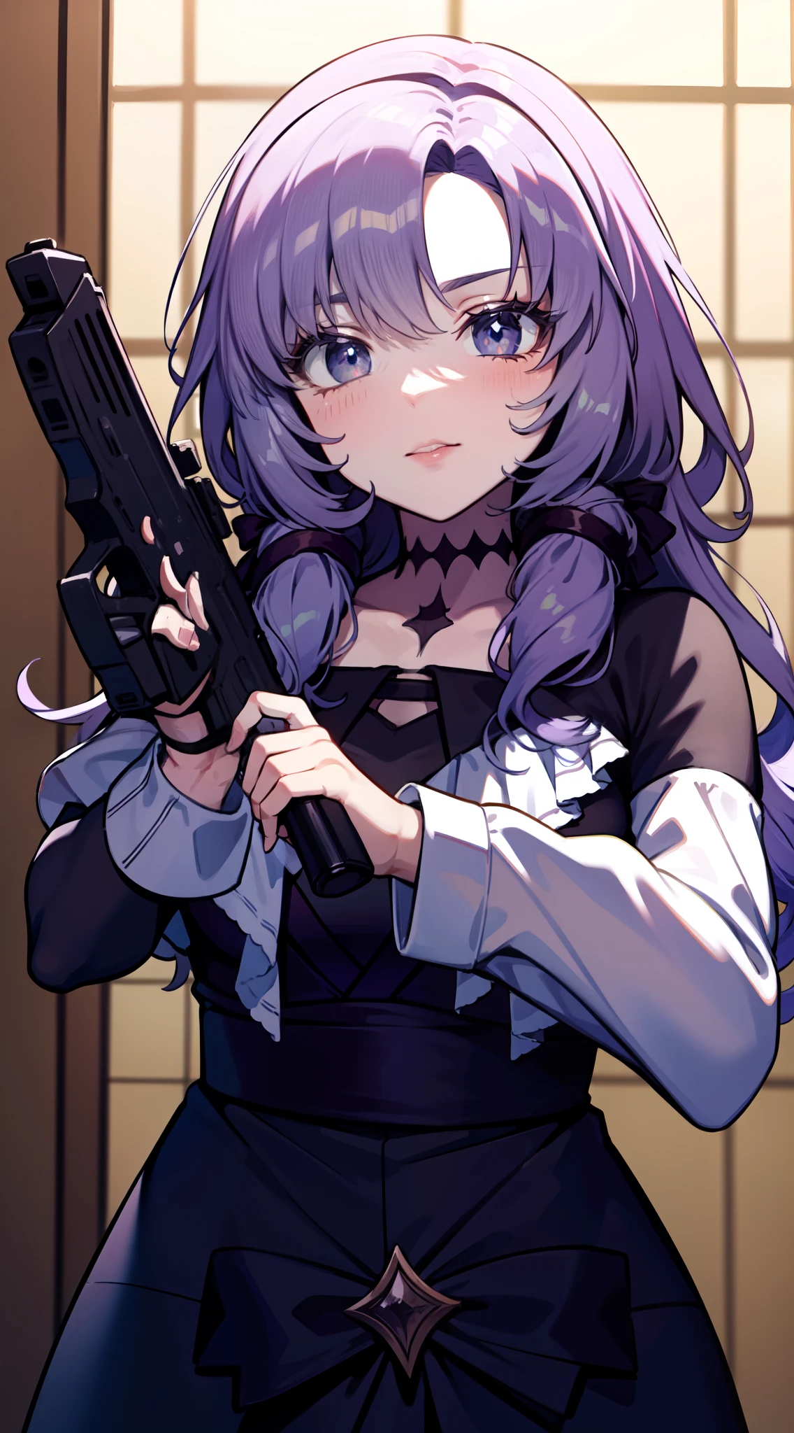 Holding a handgun, Firing at the target, Crisp face, Ichihyakuman Tengen Salome, Ruined indoor, action