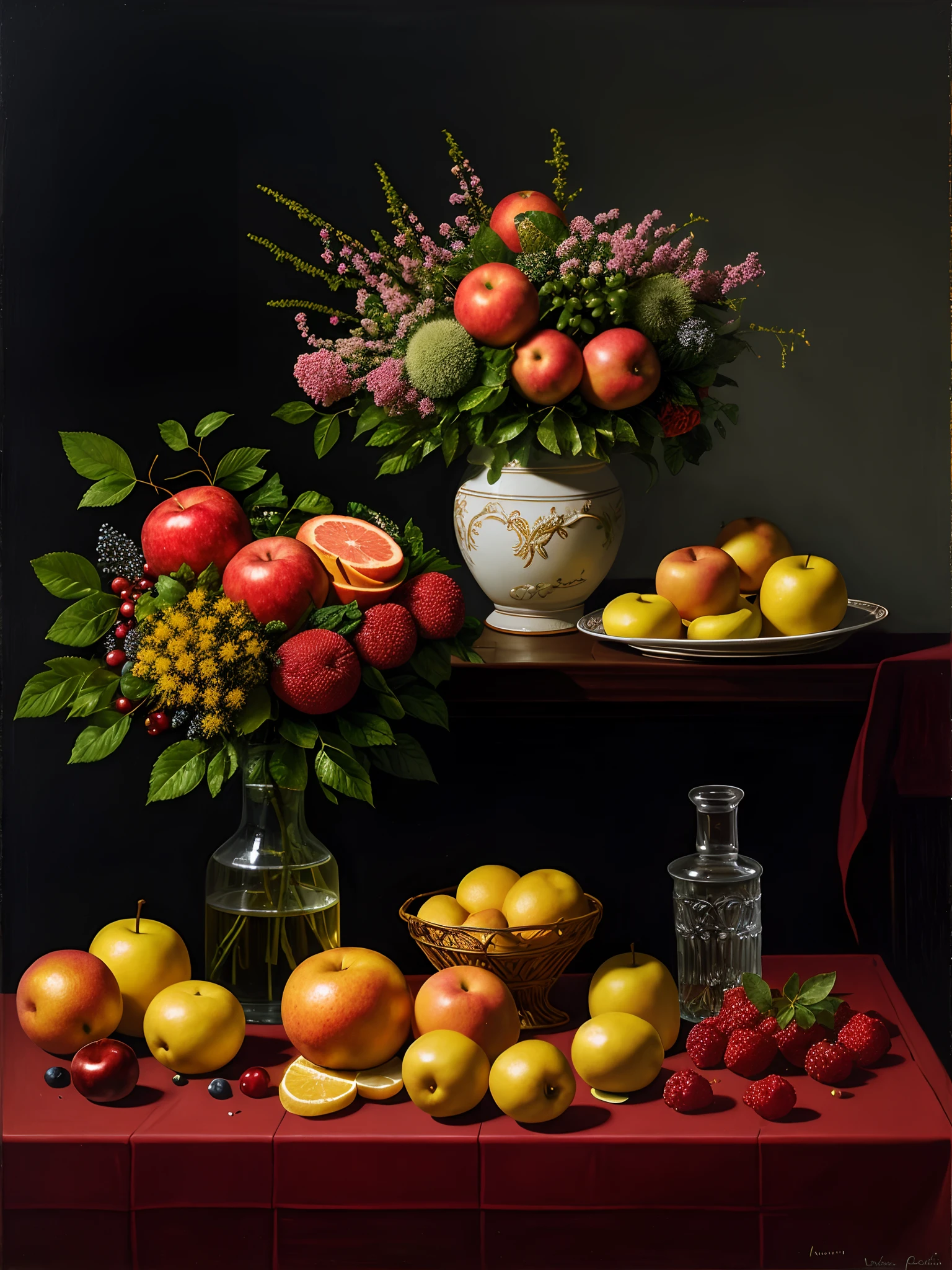 masutepiece, Best Quality, High quality, the Extremely Detailed CG Unity 8K Wallpapers, Two fruit baskets and a book on the table, Vladimir Borovikovsky&#39;Still Life, Polygraph competition winner, Hyper-Realism, still-life, Placeholder image of Renato Muccigio, Fruits and flowers, Vintage, photorealistic oil on canvas, Sergey Krasovsky, Nikolay Kopeikin, maxim sukharev, Fulk, Photorealistic, Extremely detailed, ArtStation Trends, CGsociety Trends, Convoluted, Highly detailed, Dramatic, Midway Art and Masterpieces, Best Quality, High quality, 8K UHD, Digital SLR, Soft lighting, High quality, Film grain, FUJI XT3