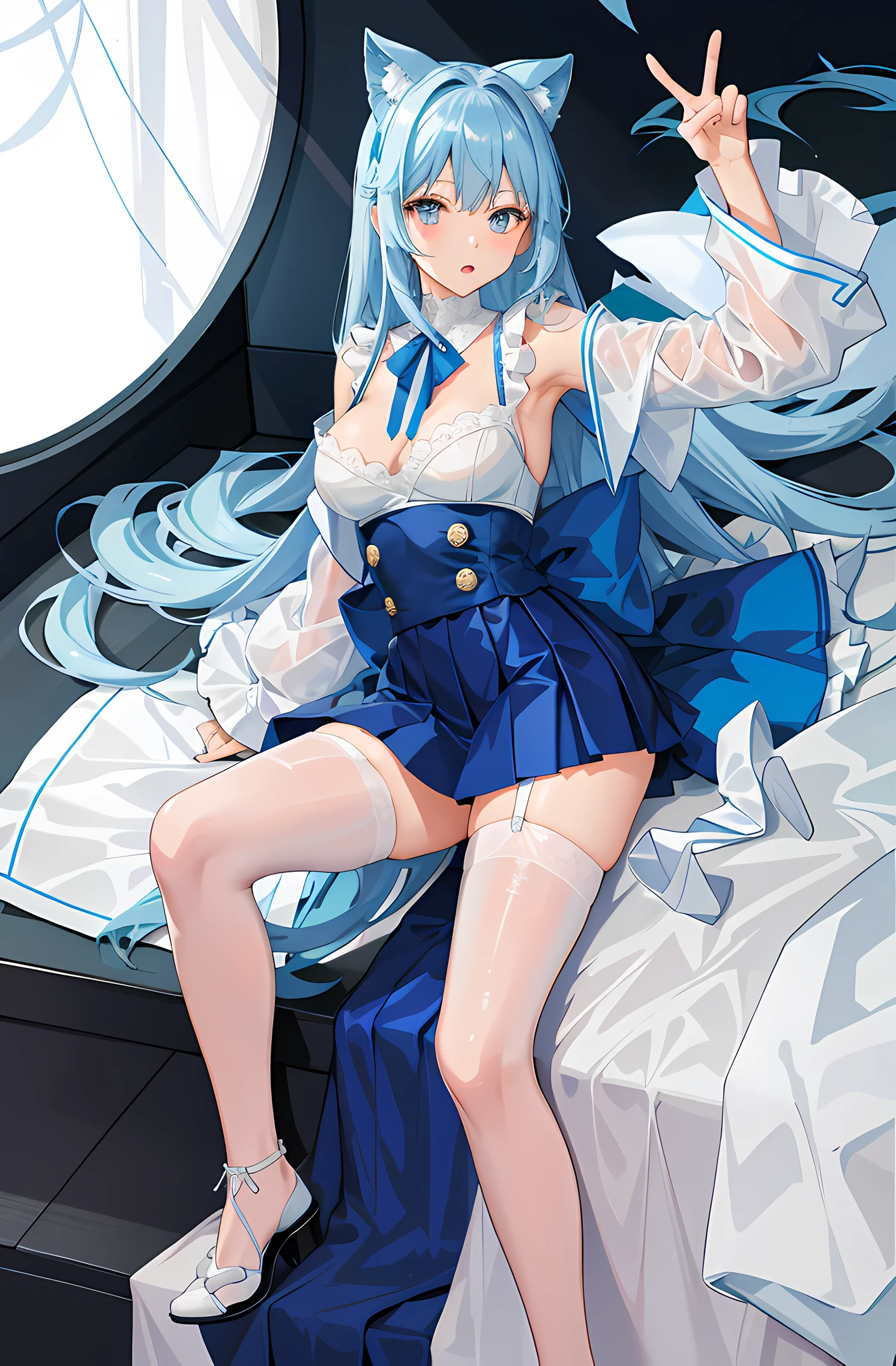 8K,ultraclear,JK,校服,Very short pleated skirt,Japanese manga style,Pure white lace translucent dress,Moist clothes,Stockings reflective,Hair without ribbons,Light blue feet naked lace-up heels,Underwear moist strengthened,Stockings reflect reinforcement,Lewd expression,Show off lace panties,long whitr hair,The mouth is slightly open,Gloss on lips,Shorter skirts,Skin sweat,Blue hair,Stockings strangle fleshy,Thighs are plump,Bigchest、The skirt lifted,Thigh lace,largeeyes,Tears,The pubic bone is exposed,Leakage,Pubic hair shows through