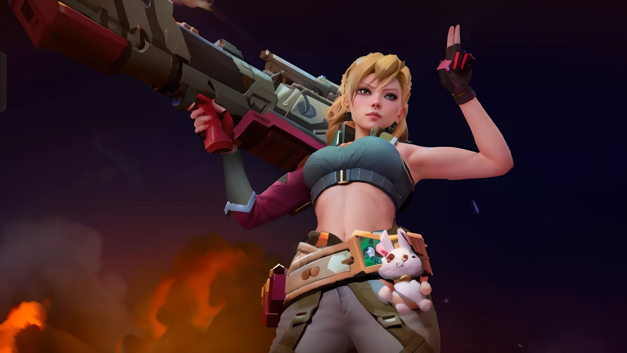 arafed female with a gun and a cat in a fire, brigitte from overwatch, lovely brigitte from overwatch, brigitte, tanny skin, maple story gun girl, holding a giant weapon, minigun, holding a blaster, holding a rocket launcher, katana zero video game character, badass pose, riven, overwatch skin, fuchsia skin below the armor, belt bunny doll, raw, ultra realistic :1.0