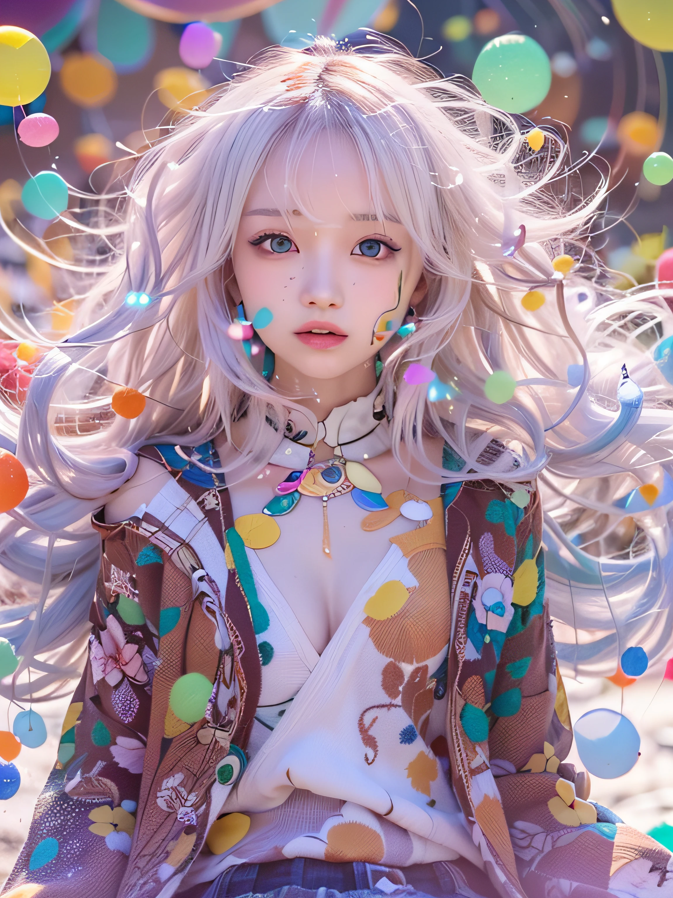 (((masutepiece))),(((Best Quality))),((Ultra-detailed)),(Dynamic Angle), ((floating)),((disheveled hair)), (Solo),(1girl in), ((Small_breasts)), ((beautifull detailed face)),Collar,Bare shoulders, White hair, ((Colorful hair)),((striated hair)), Beautiful detailed eyes,(Gradient color eyes),(((Colorful eyes))), (((Colorful background))),(((High color saturation))),(((Surrounded by colorful splashes))),(((surrounded by colorful dot))),colorful bubble,((Shining))