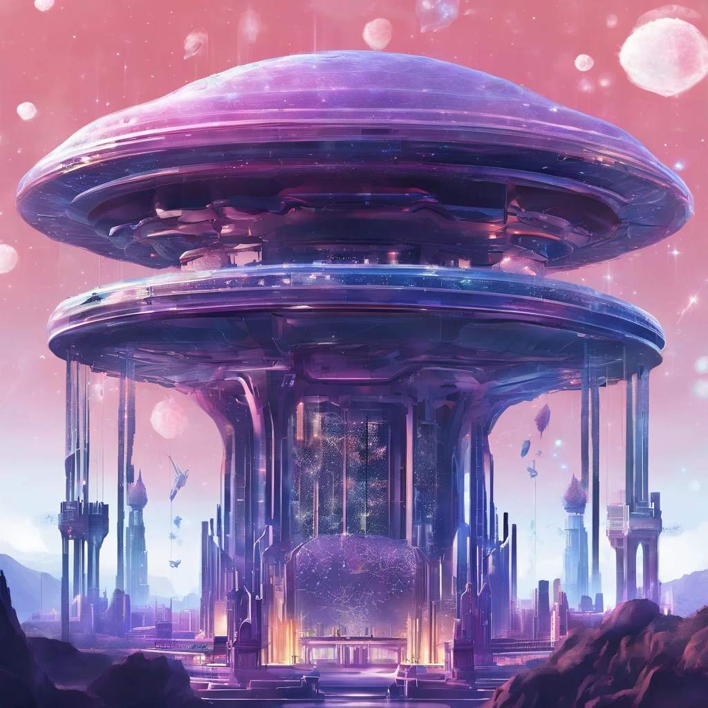 (Space structure resembling a jellyfish, slowly rotating,:1.5) A futuristic science fiction world, this huge castle in space has no concept of up or down. An upside-down castle, a giant cluster of antennas, (Best quality), (masterpiece:1.3), No ground, outer space, space opera, Ferris wheels, gears, weightlessness,