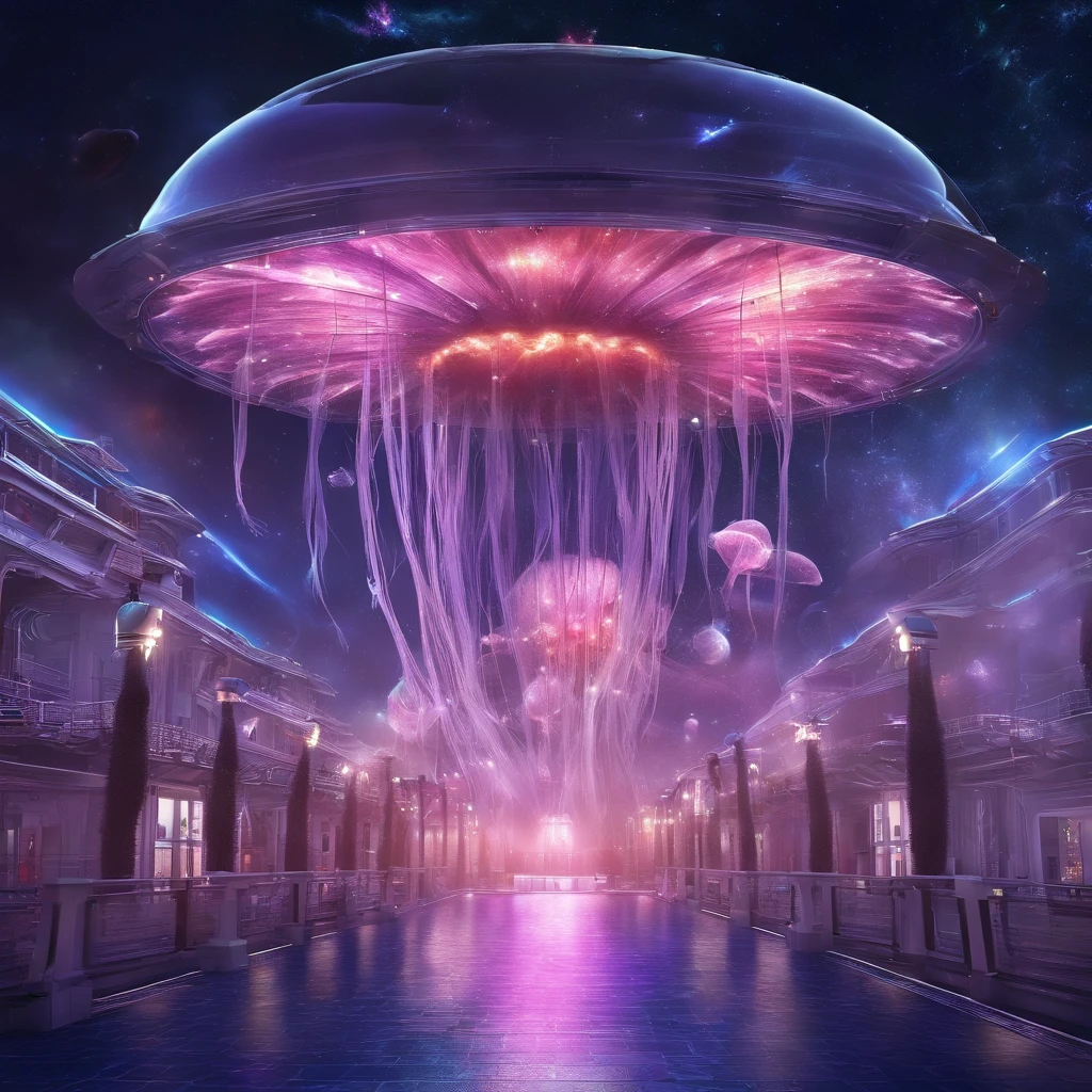 (Space structure resembling a jellyfish, slowly rotating,:1.5) A futuristic science fiction world, this huge castle in space has no concept of up or down. An upside-down castle, a giant cluster of antennas, (Best quality), (masterpiece:1.3), No ground, outer space, space opera, Ferris wheels, gears, weightlessness,