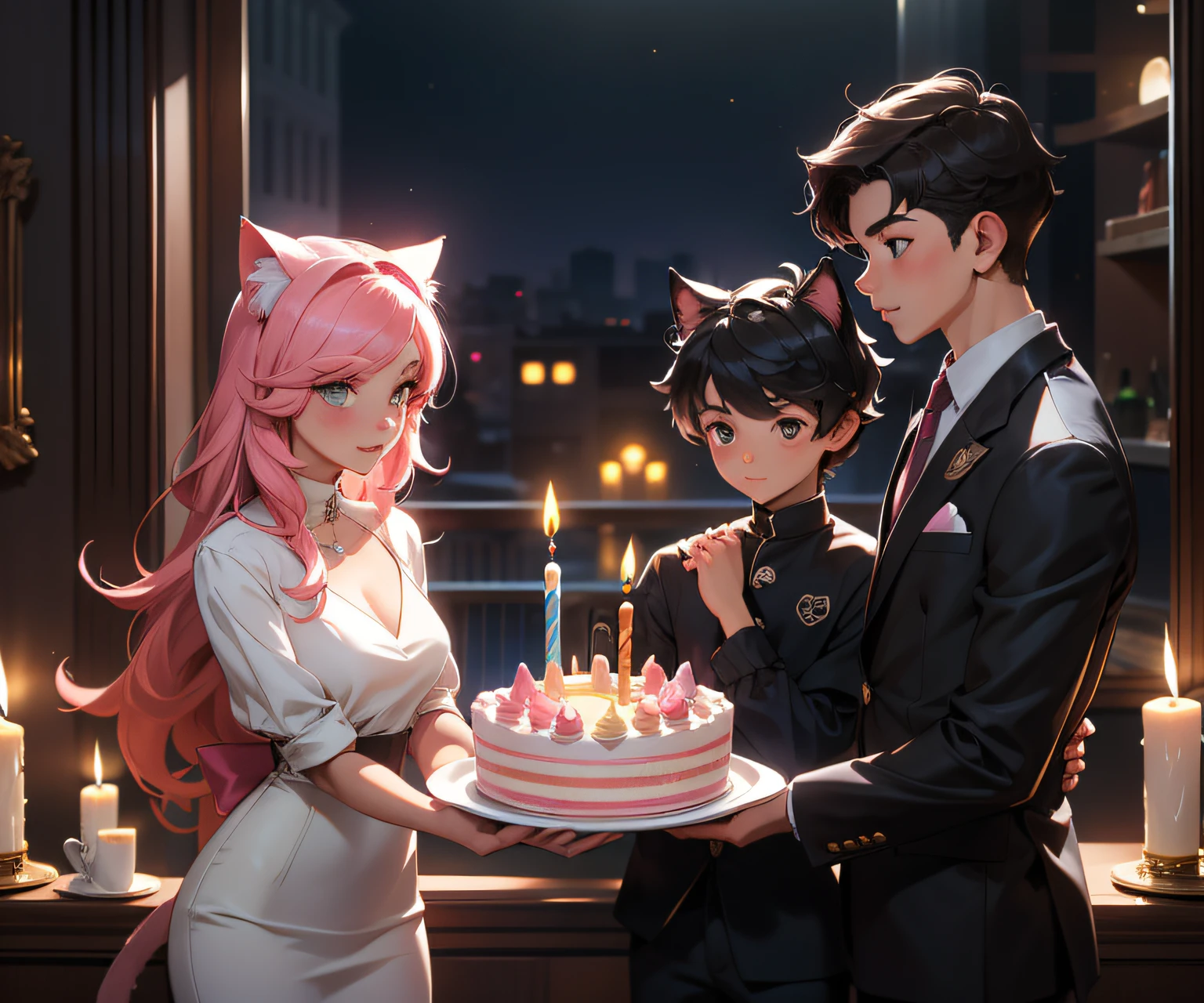 (((boy on the Left|Middle girl|boy on Right))), dos personas muy cerca del uno como del otro, el chico con cabello corto cafe y con ojos cafe claro con un rostros muy detallado y hermoso, with a young girl with long hair and pink cat ear in a very romantic place with low lights and some candles and various gifts around her and a big birthday cake, 1chico al otro extremo de cabello medio largo oscuro con un traje muy elegante mientras aplaude