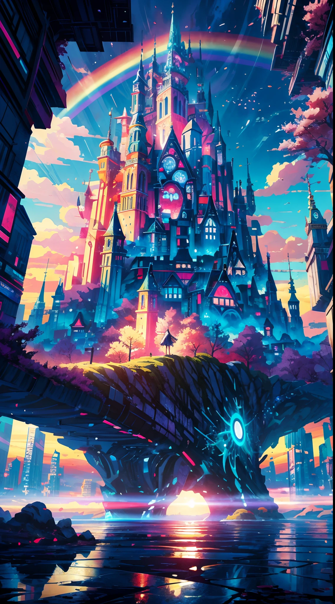 Anime girl standing in big city looking at rainbow sky,Near Future City、 Makoto Shinkai Cyril Rolando, Anime art wallpaper 4k, Anime art wallpaper 4k, Anime art wallpaper 8k, Inspired by Cyril Rolando, in the style dan mumford artwork, Amazing wallpapers, By Yuumei,Giant moving castle
