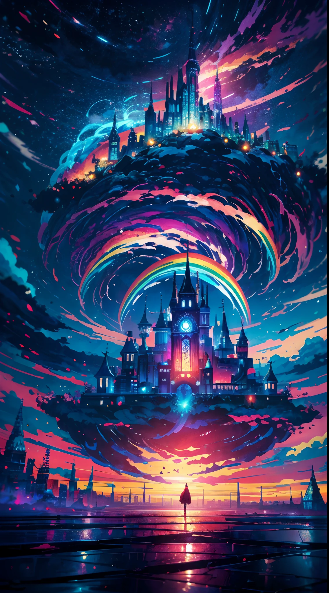 Anime girl standing in big city looking at rainbow sky,Near Future City、 Makoto Shinkai Cyril Rolando, Anime art wallpaper 4k, Anime art wallpaper 4k, Anime art wallpaper 8k, Inspired by Cyril Rolando, in the style dan mumford artwork, Amazing wallpapers, By Yuumei，Giant moving castle