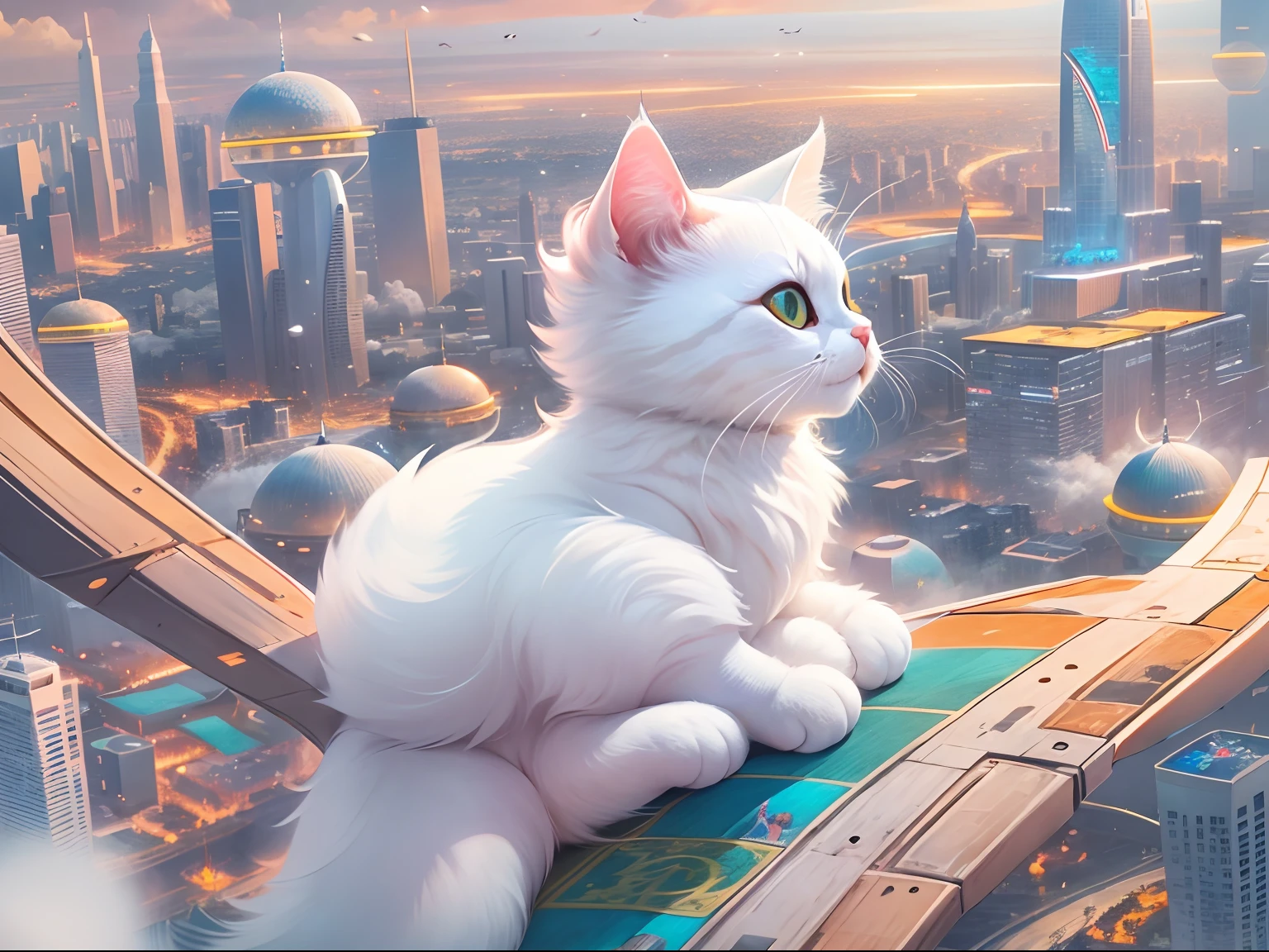 1 white round-eyed cute cat,Sit on a colorful flying carpet, flying through the air, The background is the city of the future, Science fiction world,