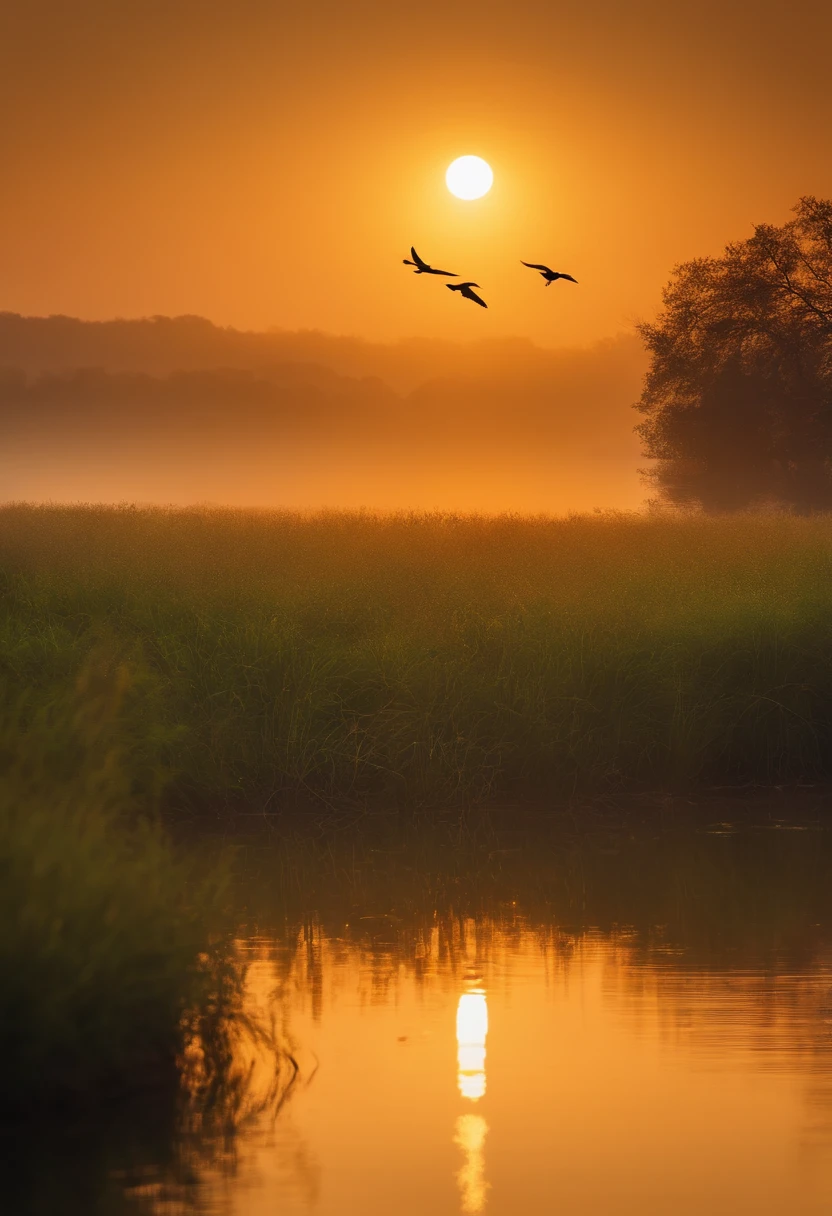 Peaceful scenery at dawn, Soft golden tones depict the horizon as birds sing, Image in 1440 x 2560 pixel format