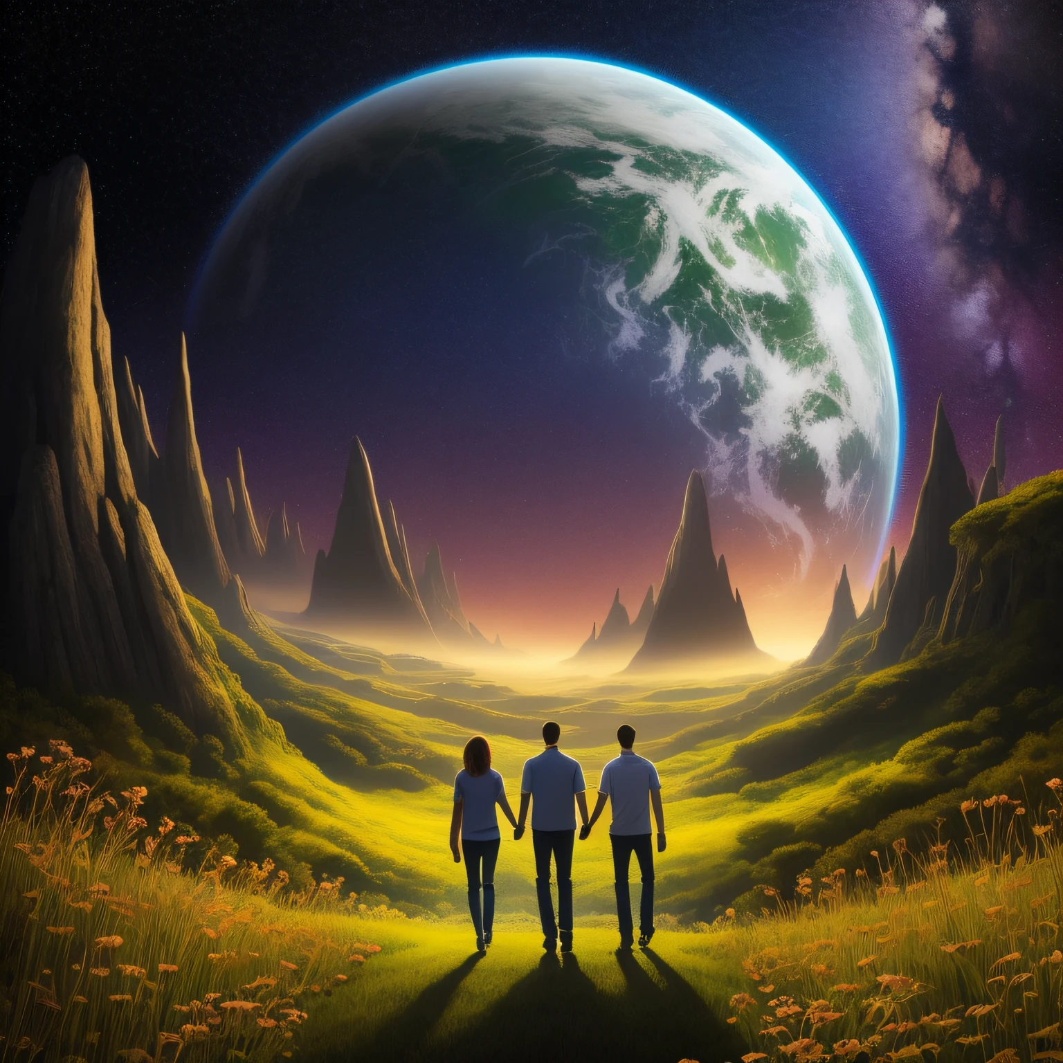 Imagem HD. Encontro de um casal apaixonado em uma cidade envolta em luz dourada e difusa em outro Mundo, com arquitetura futurista em um planeta extraterrestre Projetado em harmonia com a natureza,