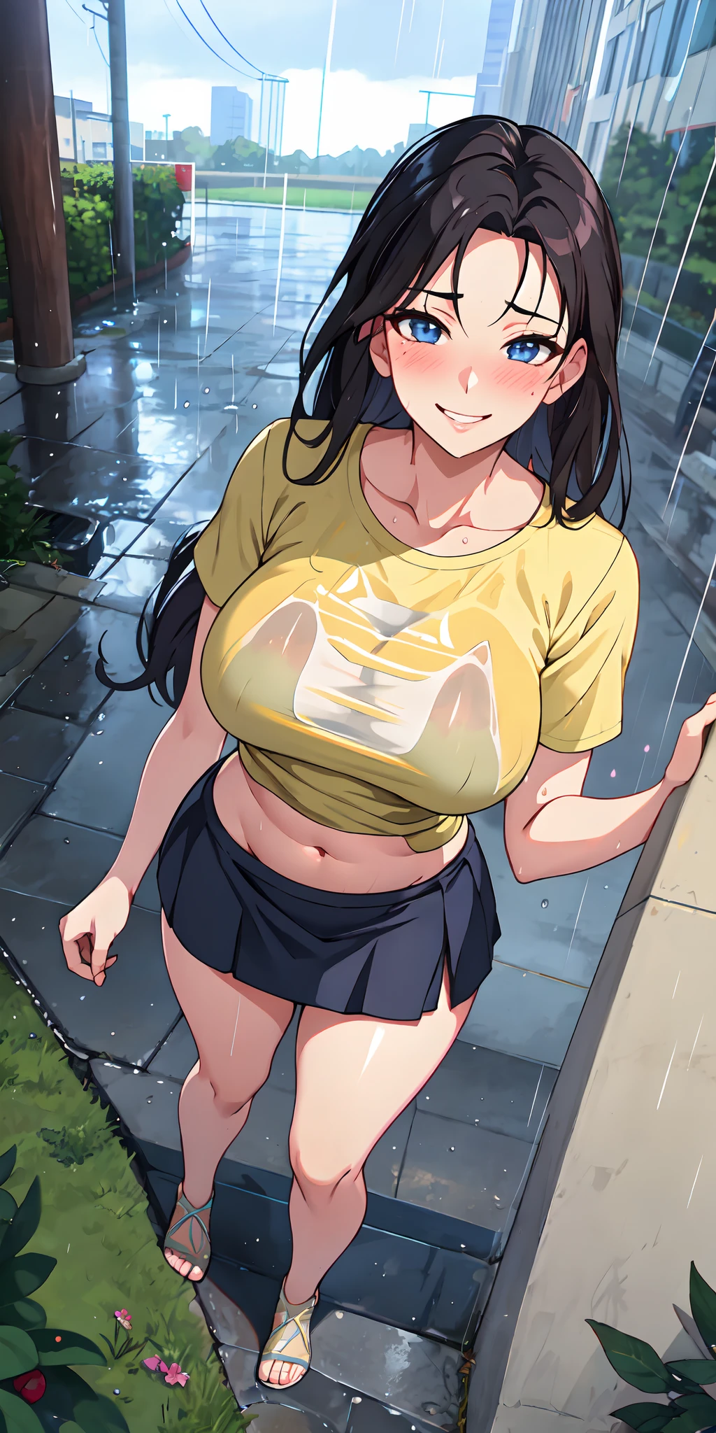 Realistic, outdoor, park, wide angle, raining, soaking wet, 1 woman, mature, milf, long hair, smirking, blushed, POV, from above, standing, casual clothes, t-shirt, skirt, navel