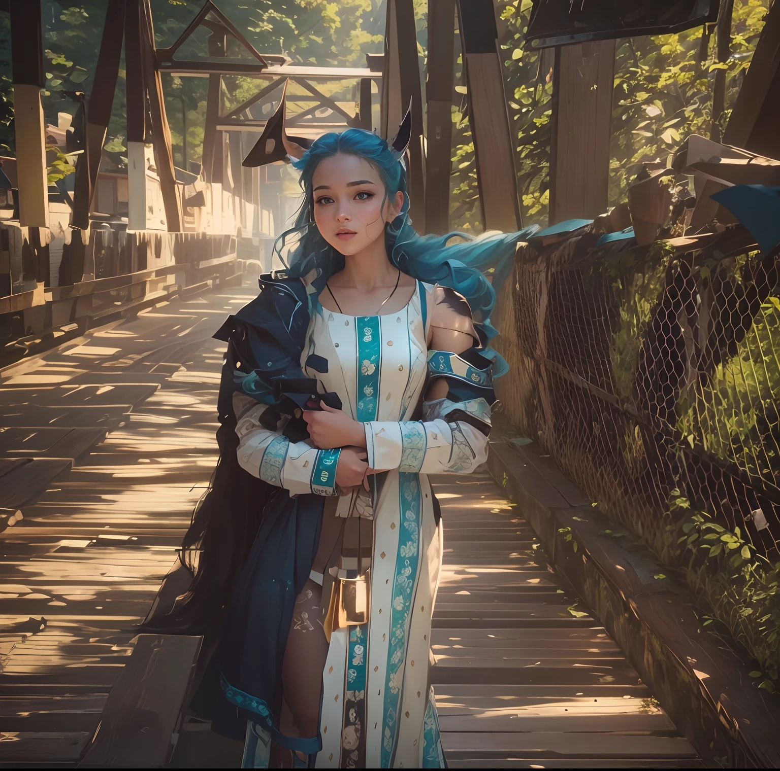 ((masterpiece, best quality)),(illustration),(detailedlight),((anextremelydelicateandbeautiful)),1girl,GodolphinArabian,long hair,blue hair,green eyes,horse ears,horse girl,hair_ornament,white dress, bare shoulders, ,sleeveless,evening dress,long dress,outdoors, light,blue sky, horizon, meadow, wild girl beautiful real face