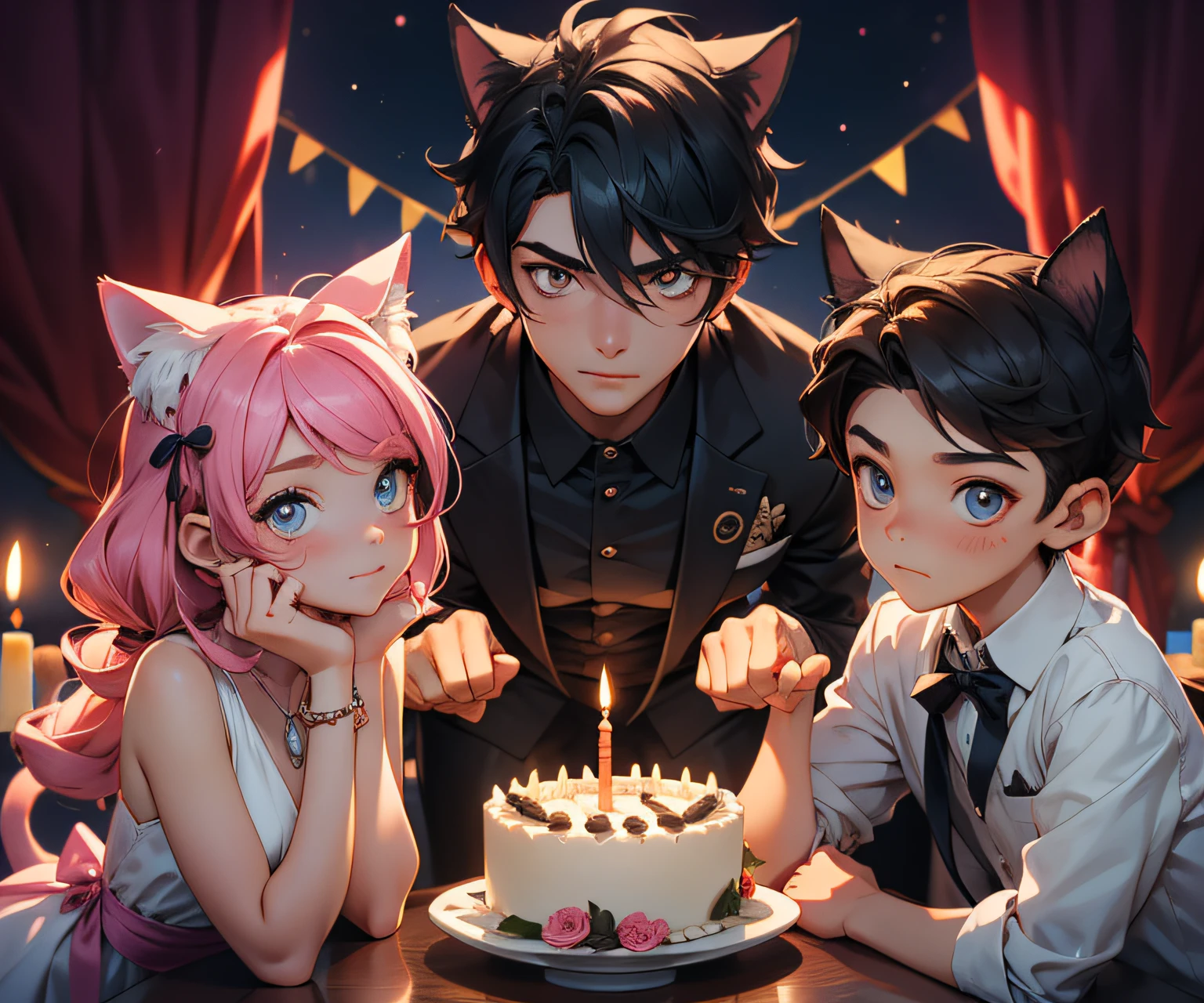 (((boy on the Left|Middle girl|boy on Right))), dos personas muy cerca del uno como del otro, el chico con cabello corto cafe y con ojos cafe claro con un rostros muy detallado y hermoso, with a young girl with long hair and pink cat ear in a very romantic place with low lights and some candles and various gifts around her and a big birthday cake, 1chico al otro extremo de cabello medio largo oscuro con un traje muy elegante mientras aplaude