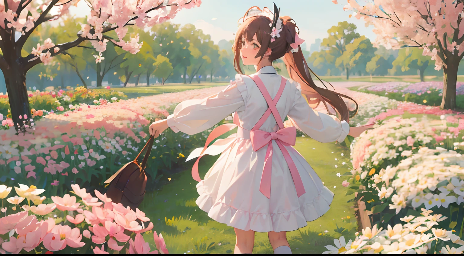 Best quality at best， tmasterpiece， The is very detailed， detailed back ground，One  Girl， ssmile， Blushlush，with brown eye， Pink Long Hair， With a double ponytail，white headgear， brownfootwear， white legwear， Bow knot， Green collared dress， longer sleeves， White ruffled apron，Brown cross-body bag on the back， full bodyesbian， standing on your feet， White flowers in the background、 tulips、 Pink flowers、 Garden of daisies， rays of sunshine， scenecy