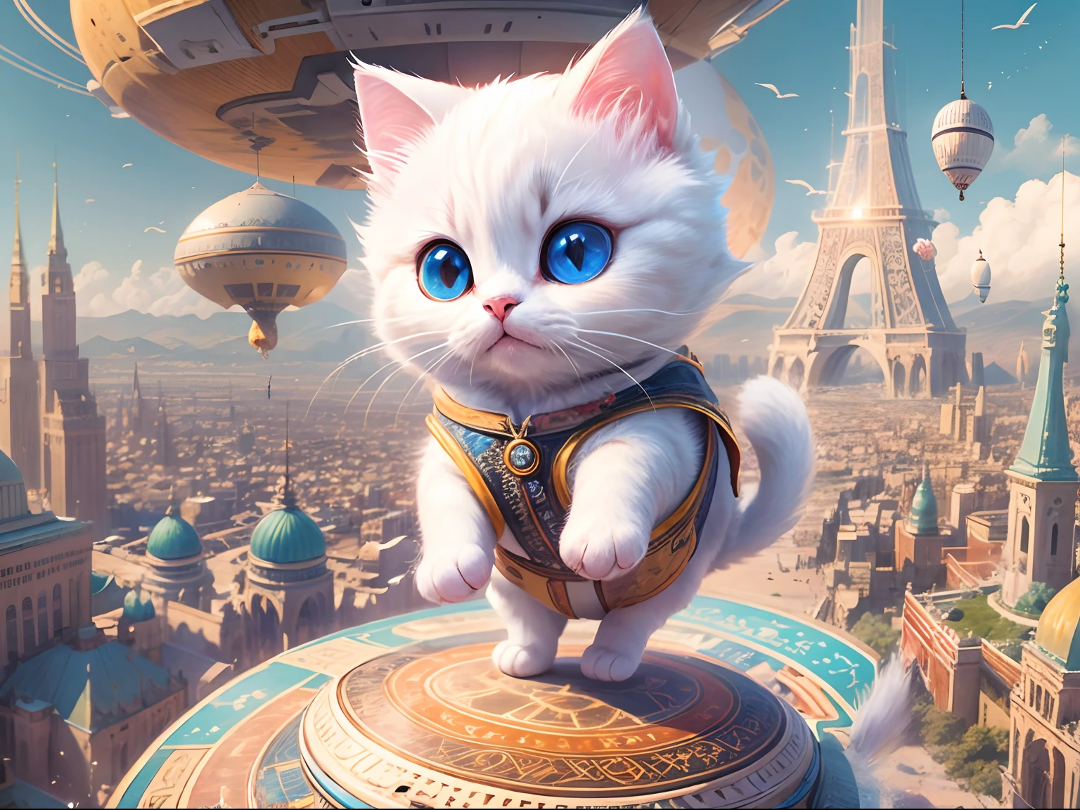 1 white round-eyed cute cat,Sit on a colorful flying carpet, flying through the air, The background is the city of the future, Science fiction world,