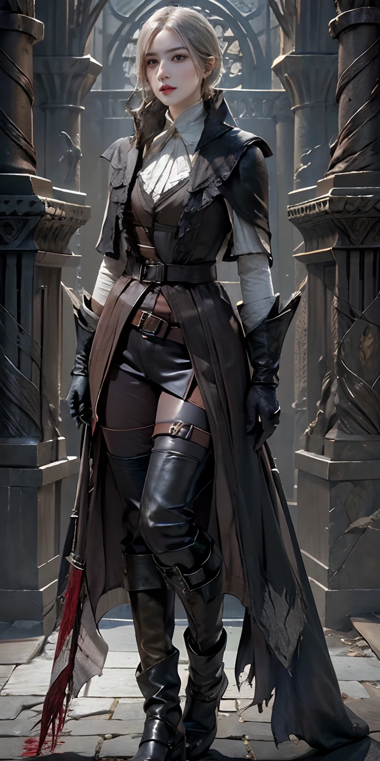 photorealistic, high resolution, soft light,1women, solo, hips up, look at viewer, (detailed face), bangs, edgBB, black gloves, belt, coat, torn clothes, capelet, gauntlets, vambraces, black capelet, hunter (bloodborne), woman wearing edgBB_outfit, outdoors, gothic architecture, jewelry, full body