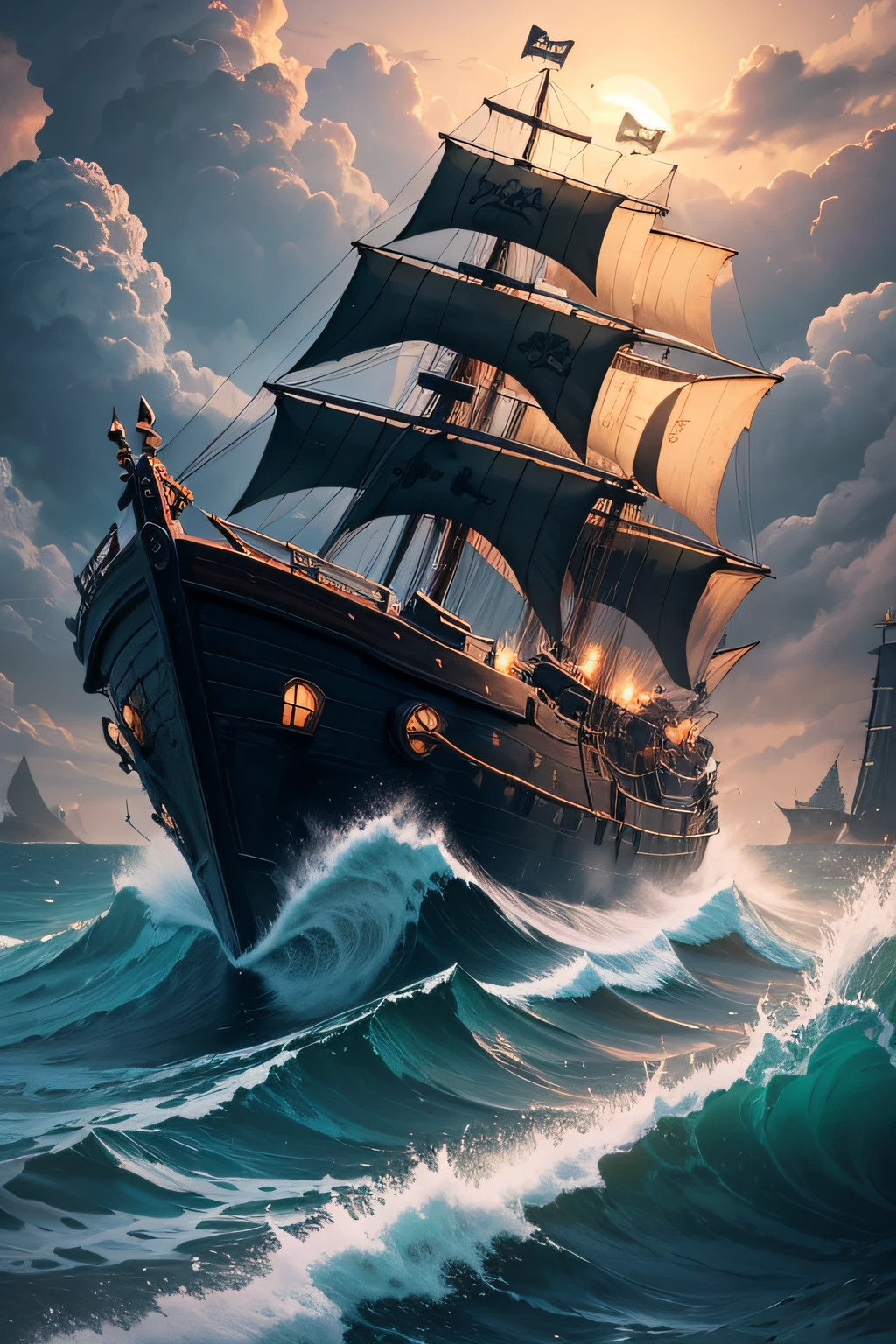 "pirate's boat" "angry sea" "sea monster attack boat"