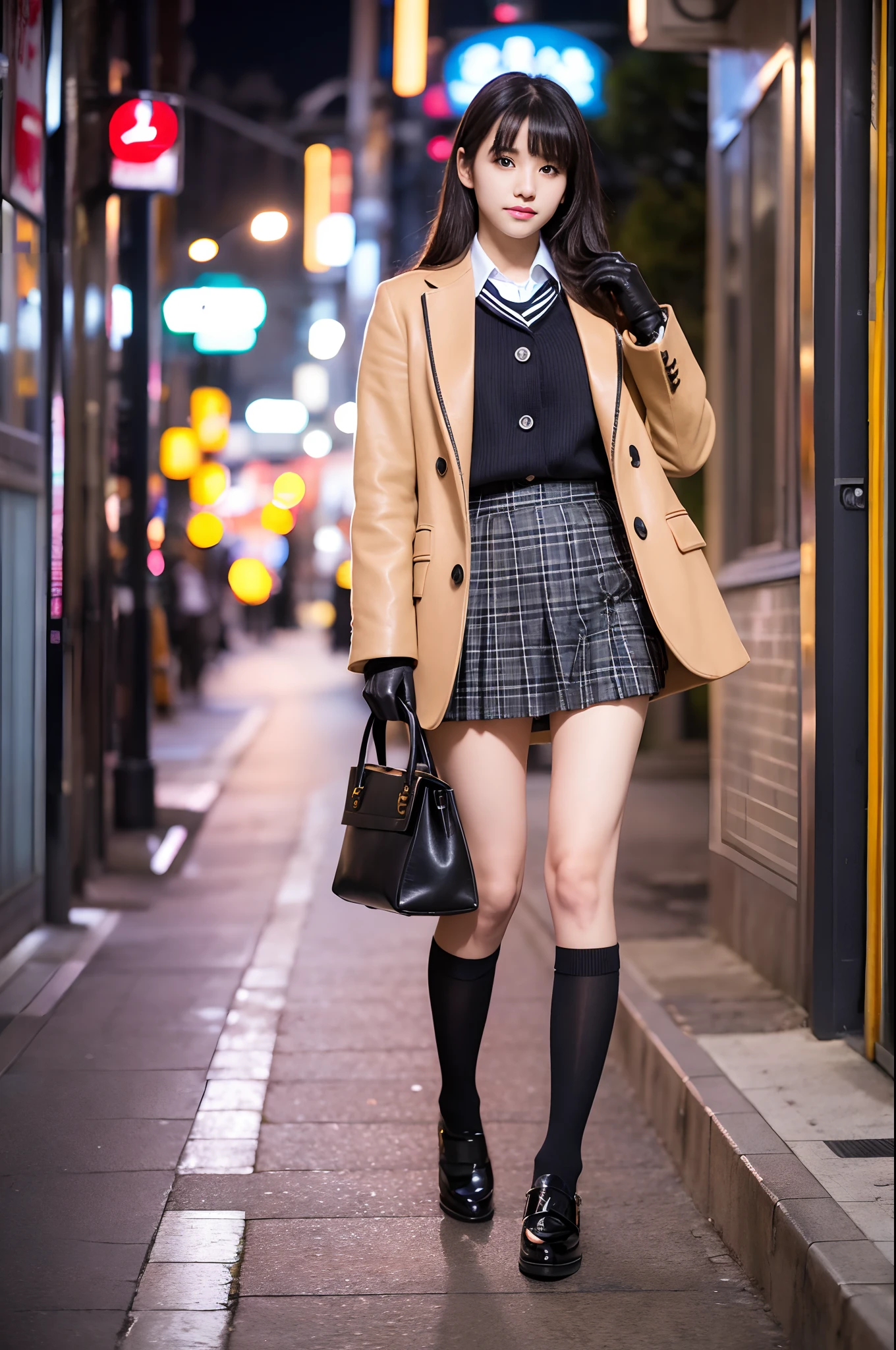 full body Esbian,a picture,Five Fingers,Black leather gloves,Perfect Anatomy,Ultra detailed eyes,masutepiece,a Japanese cute girl,Long sleeve uniform,Wear a P coat,Carrying a bag,lowfers,,street snap,illumination,mid night,Bokeh,Black short socks,Bangs,in Tokyo,Winters