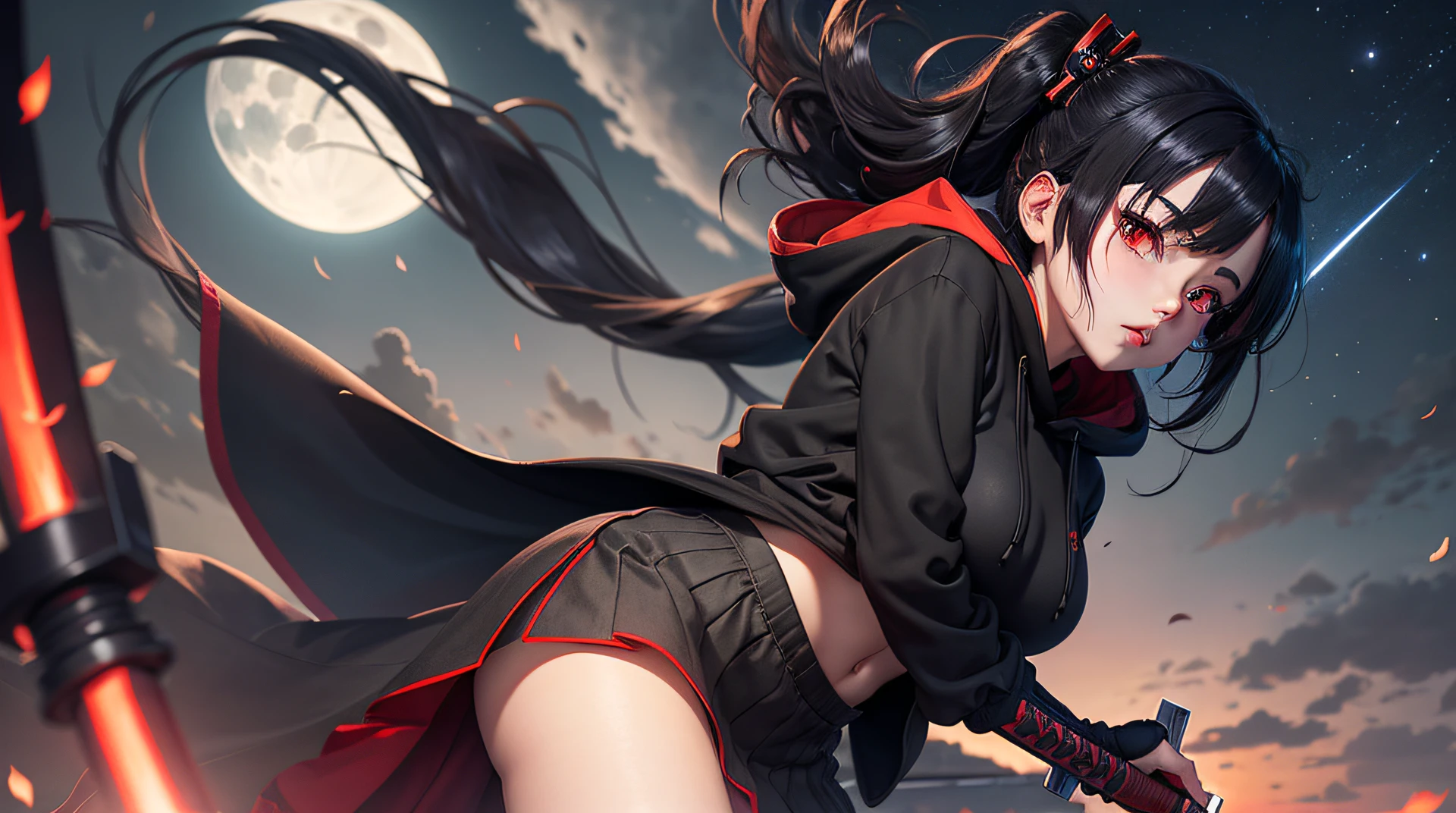 anime girl with red eyes and black hair wearing a black hoodie and skirt and holding a samurai sword in her waist in the moonlight sky
