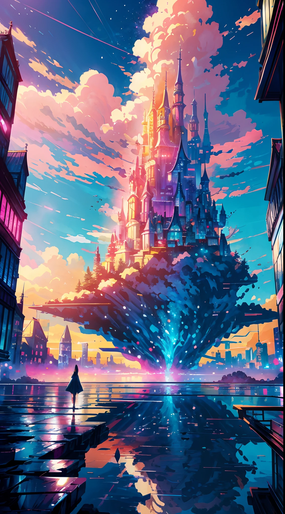 Anime girl standing in big city looking at rainbow sky,Near Future City、 Makoto Shinkai Cyril Rolando, Anime art wallpaper 4k, Anime art wallpaper 4k, Anime art wallpaper 8k, Inspired by Cyril Rolando, in the style dan mumford artwork, Amazing wallpapers, By Yuumei,Giant moving castle