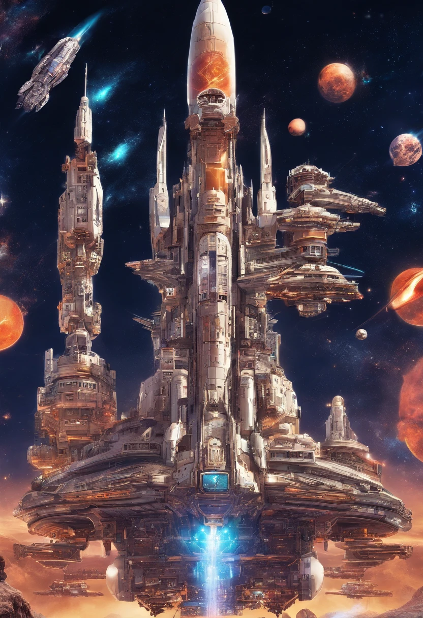 Western castle-shaped space battleship moving in outer space、