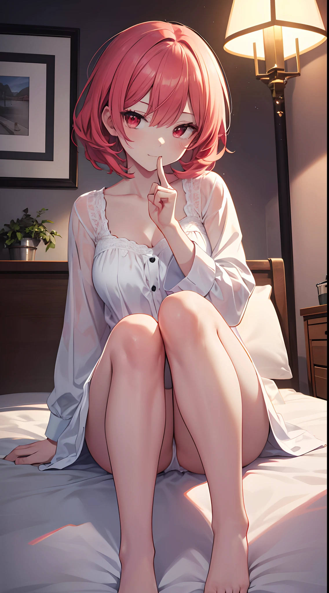 ((masutepiece+Best Quality+High resolution+Illustration 1.3+Ultra-8k)), 1girl in, ((Detailed body)) ((alluring face)) ((long snout)) ((Long facial structure)) (Sharp eyes) ((Red Eyes)) ,Soft skin, Indoor, Sitting on the bed, Looking at Viewer, Nightdress Girl, Blue Nightdress, Detailed body, Short red hair, Detailed eyes, ((detailed shadow)), Lighting, Detailed, Focus, Hand Detail Night Light,Beautiful and perfect legs, Clean and perfect hands(put index finger on mouth:1.2)