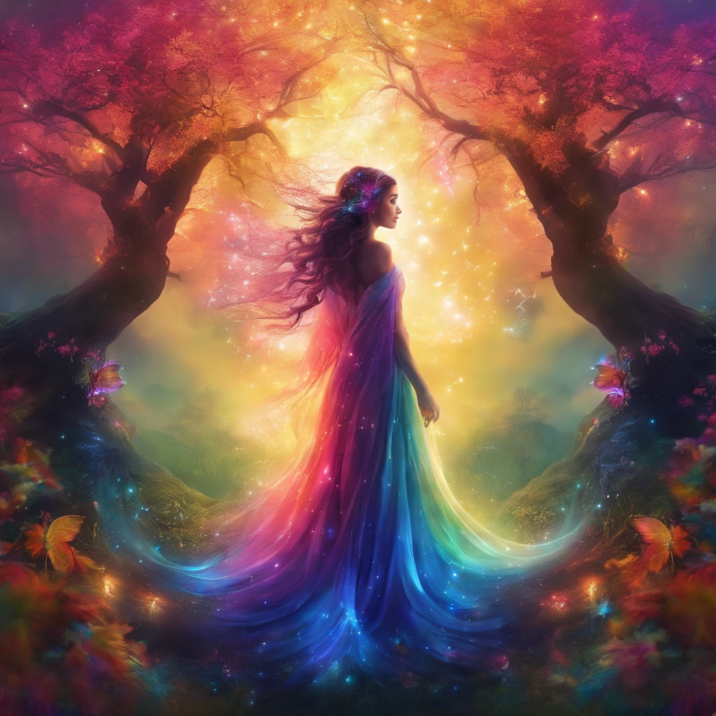 girl casting mystical glowing spells, fantasy rainbow forest, vibrant colors, ethereal lighting, detailed foliage, magical atmosphere, enchanting scenery, dreamlike ambiance, shimmering glow, flowing robes, wisps of magic, ethereal creatures, enchanted trees, sparkling streams, radiant energy, mystical symbols, surreal beauty, otherworldly landscape, swirling mist, enchantment in the air, spellbinding moment, mesmerizing spectacle, ethereal essence, magical incantation, mystical aura, bewitching charm, spellbound onlookers, transcendent experience, magical vortex, hidden secrets, whimsical creatures, vibrant enchantment, enchanted atmosphere, ethereal melodies, radiant beams of light, otherworldly colors, mesmerizing movements, joyous celebration in nature, enchanting nymphs, supernatural power, pulsating energy, captivating spells, fantastical realm, transcendental experience