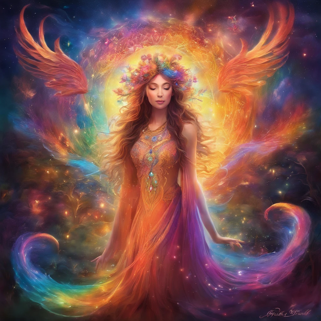 girl casting mystical glowing spells, fantasy rainbow forest, vibrant colors, ethereal lighting, detailed foliage, magical atmosphere, enchanting scenery, dreamlike ambiance, shimmering glow, flowing robes, wisps of magic, ethereal creatures, enchanted trees, sparkling streams, radiant energy, mystical symbols, surreal beauty, otherworldly landscape, swirling mist, enchantment in the air, spellbinding moment, mesmerizing spectacle, ethereal essence, magical incantation, mystical aura, bewitching charm, spellbound onlookers, transcendent experience, magical vortex, hidden secrets, whimsical creatures, vibrant enchantment, enchanted atmosphere, ethereal melodies, radiant beams of light, otherworldly colors, mesmerizing movements, joyous celebration in nature, enchanting nymphs, supernatural power, pulsating energy, captivating spells, fantastical realm, transcendental experience