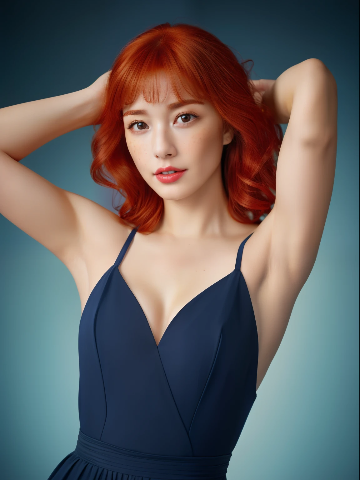 (Best quality, 8k, 32k, masterpiece, UHD: 13), 1 girl, good hand, 4k, high resolution, masterpiece, best quality, head: 1.3, ((Hasselblad photography)), (model with red hair), finely detailed skin, sharp focus (cinematic lighting), collarbone, morning, soft lighting, dynamic angle, [:(detailed face: 1.2): 0.2], armpit fold, yellow, slender clothing, medium breasts, infinity background, flat background,  photography with Hasselblad 50mm f8 camera, studio flash lighting, navy blue dress, model with yellow summer dress, captivating look, seductive look, freckles on face, erotic beautiful body of a queen, 1 girl, muscular physique