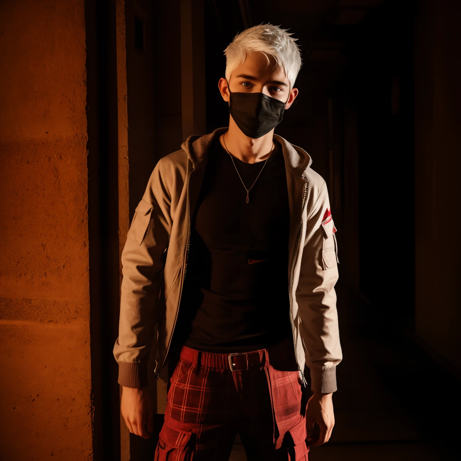 Teen male posing, cargo pants, skinny body, atmospheric, cute face, white hair, mask, dead inside, plaid shirt, red lighting