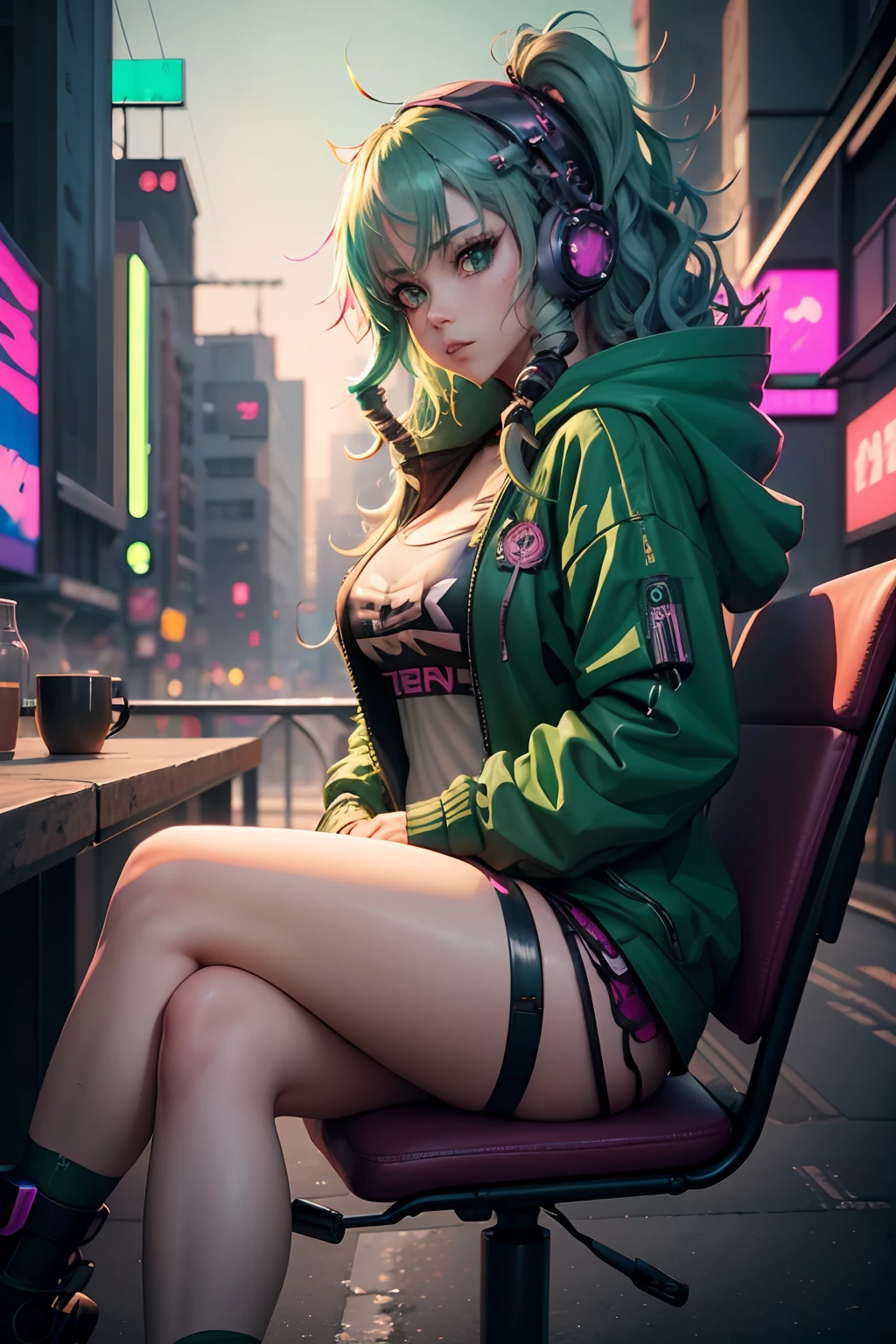 anime girl with green hair sitting on a chair in a neon city, long curly hair, cyberpunk anime girl in hoodie, cyberpunk anime girl, anime style 4 k, anime cyberpunk art, best anime 4k konachan wallpaper, digital cyberpunk anime art, female cyberpunk anime girl, digital cyberpunk - anime art, cyberpunk anime art, anime cyberpunk, cyberpunk streetwear, cyberpunk art style