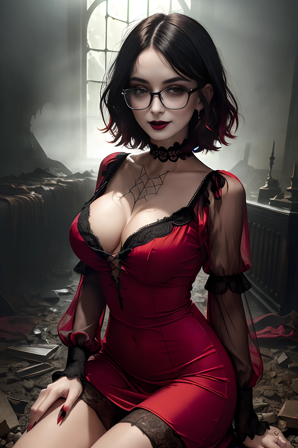 A photo of a young, nerdy woman. (looking at the viewer:1.4). (short dark hair:1.3), (slender), (black lips:1.4), flirting with the camera. square glasses. choker,  makeuate goth jewelry:1.2), smiling. (dyed hair, red hair color:1). (large (abandoned) gothic haunted manor house:1.3), (fog indoors:1.4), lamplight, (dramatic detailed layered background), (light rays:1.3), chandelier, (cobwebs:1.3), (dust).  ((ornate:1.4) short elegant plunging tight silk and lace (red:1.4) (sleeved:0.5) halterneck dress)