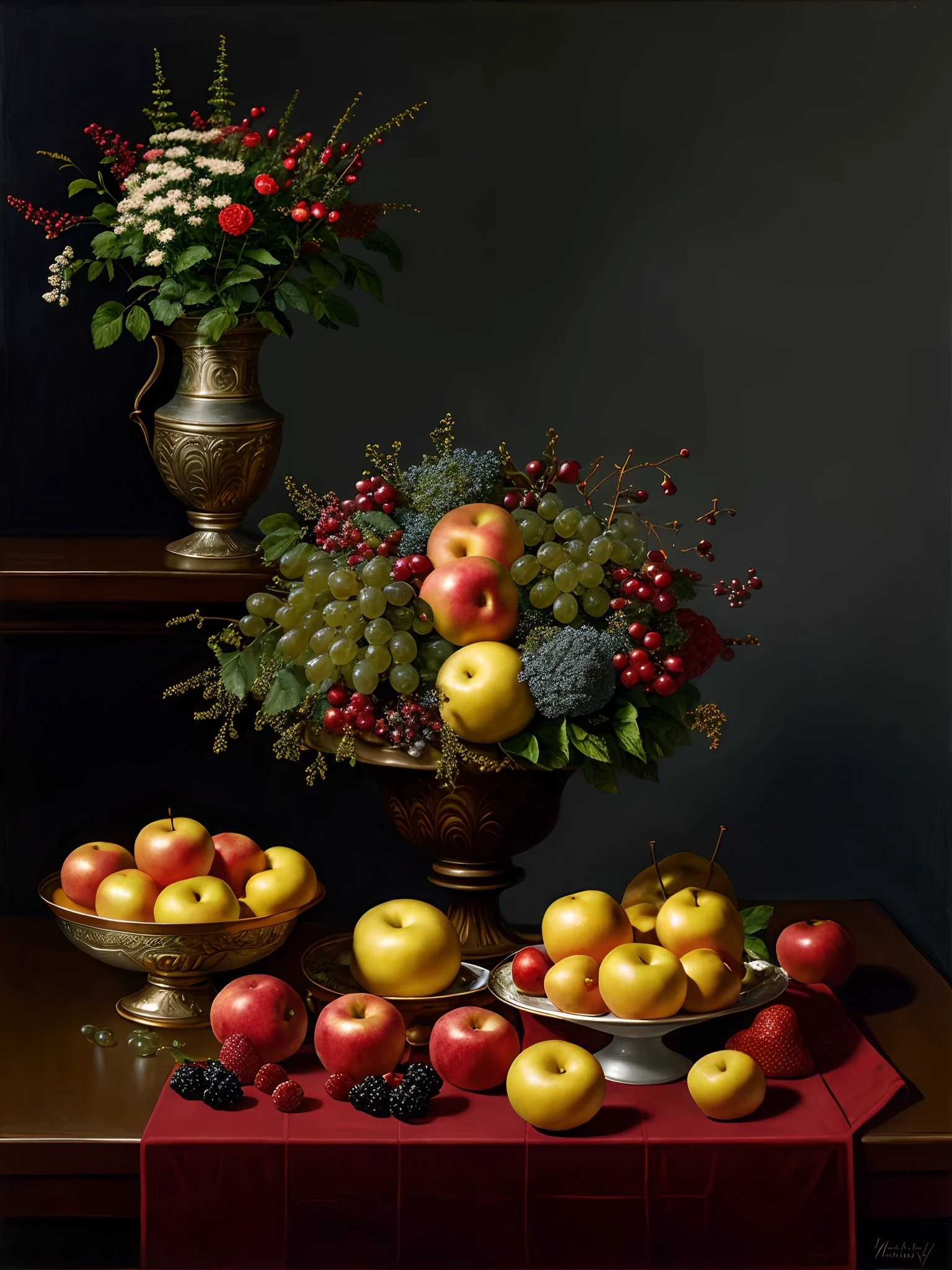 masutepiece, Best Quality, High quality, the Extremely Detailed CG Unity 8K Wallpapers, Two fruit baskets and a book on the table, Vladimir Borovikovsky'Still Life, Polygraph competition winner, Hyper-Realism, still-life, Placeholder image of Renato Muccigio, Fruits and flowers, Vintage, photorealistic oil on canvas, Sergey Krasovsky, Nikolay Kopeikin, maxim sukharev, Fulk, Photorealistic, Extremely detailed, ArtStation Trends, CGsociety Trends, Convoluted, Highly detailed, Dramatic, Midway Art and Masterpieces, Best Quality, High quality, 8K UHD, Digital SLR, Soft lighting, High quality, Film grain, FUJI XT3