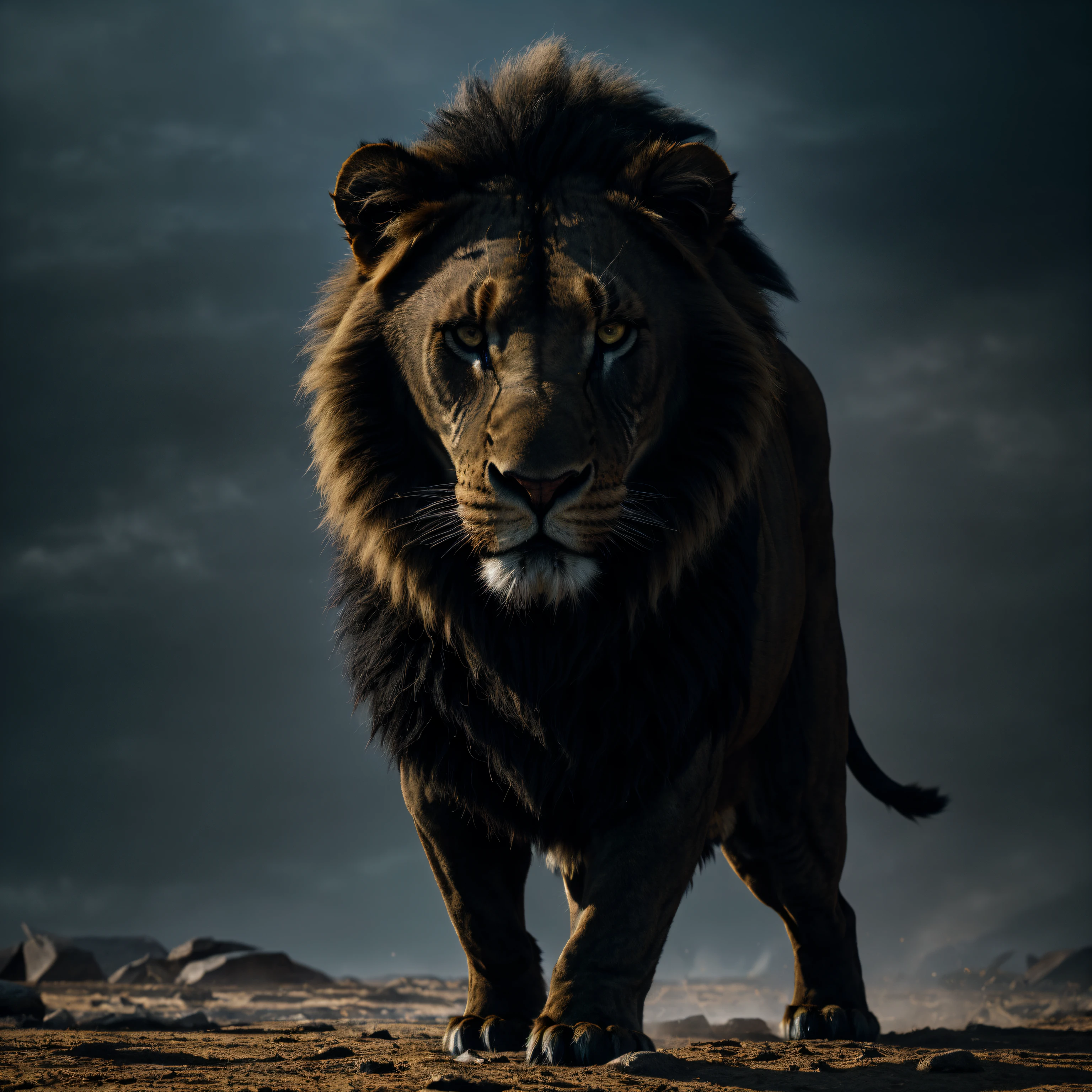 (black:1.1), (lion:1.1), majestic creature, (intense gaze, piercing eyes), powerful and agile, (shimmering black mane), (sharp claws, strong paws), (dominant presence), (wild and untamed), (roaring in the darkness), (untamed beauty), (striking silhouette), (best quality,artistic masterpiece:1.2), (realistic:1.37), (highres image), (detailed texture and fur), (vivid colors), (captivating lighting), (contrasting shadows), (mysterious aura), (dark and dramatic), (imposing figure), (roaring with strength), (intense energy), (graceful movements), (abstract background), (dynamic composition), (subtle details), (expressive facial features), (fierce expression), (ferocious predator), (native habitat), (primal instincts), (sleek and powerful physique), (symbol of strength and courage), (untamed wilderness), (king of the animal kingdom), (dangerously beautiful), (unpredictable presence), (majestic roar), (proud and regal stance), (wild and free)